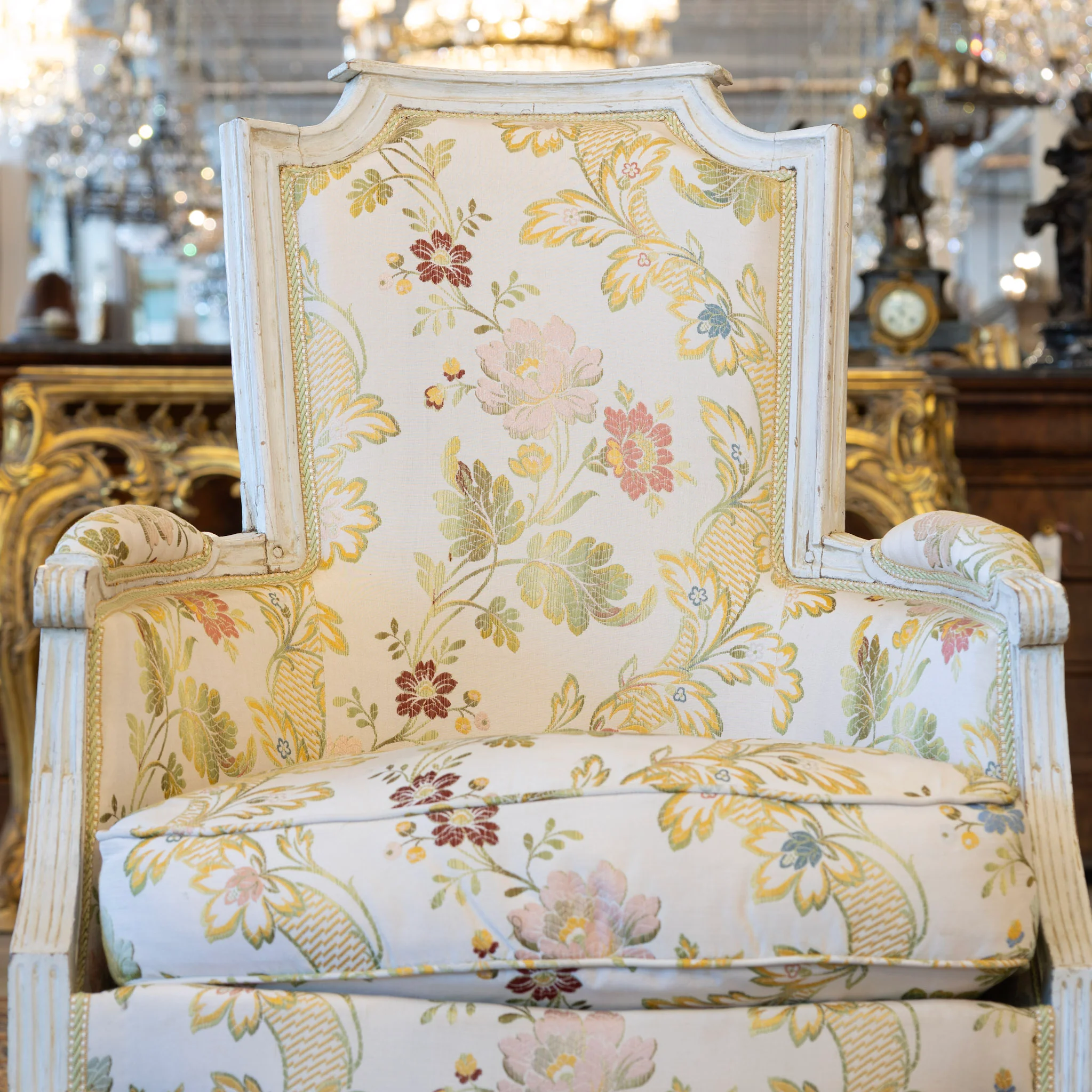 Pair of Louis XVI White Bergère Chair –Carved Frame & Original Floral Upholstery - Image 5