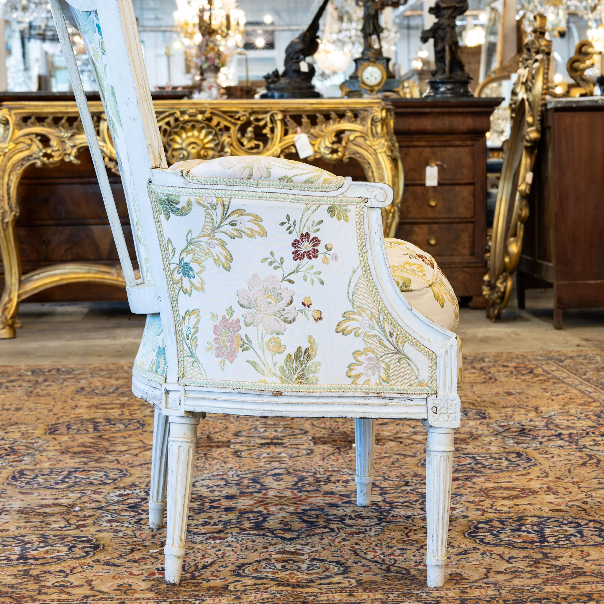 Pair of Louis XVI White Bergère Chair –Carved Frame & Original Floral Upholstery - Image 7