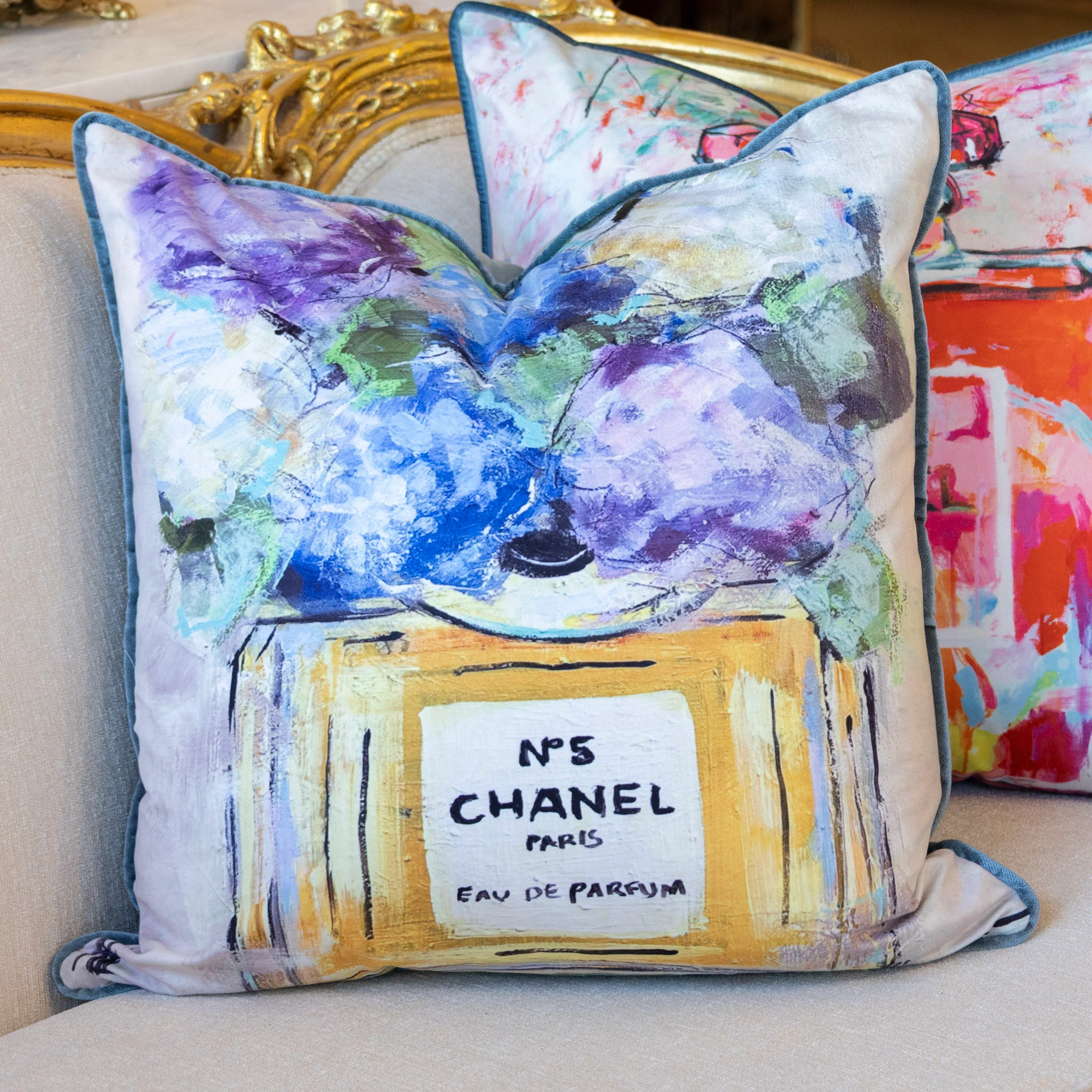 Pair of Medium Pillows - Multicolor Velvet Chanel Print - Image 3