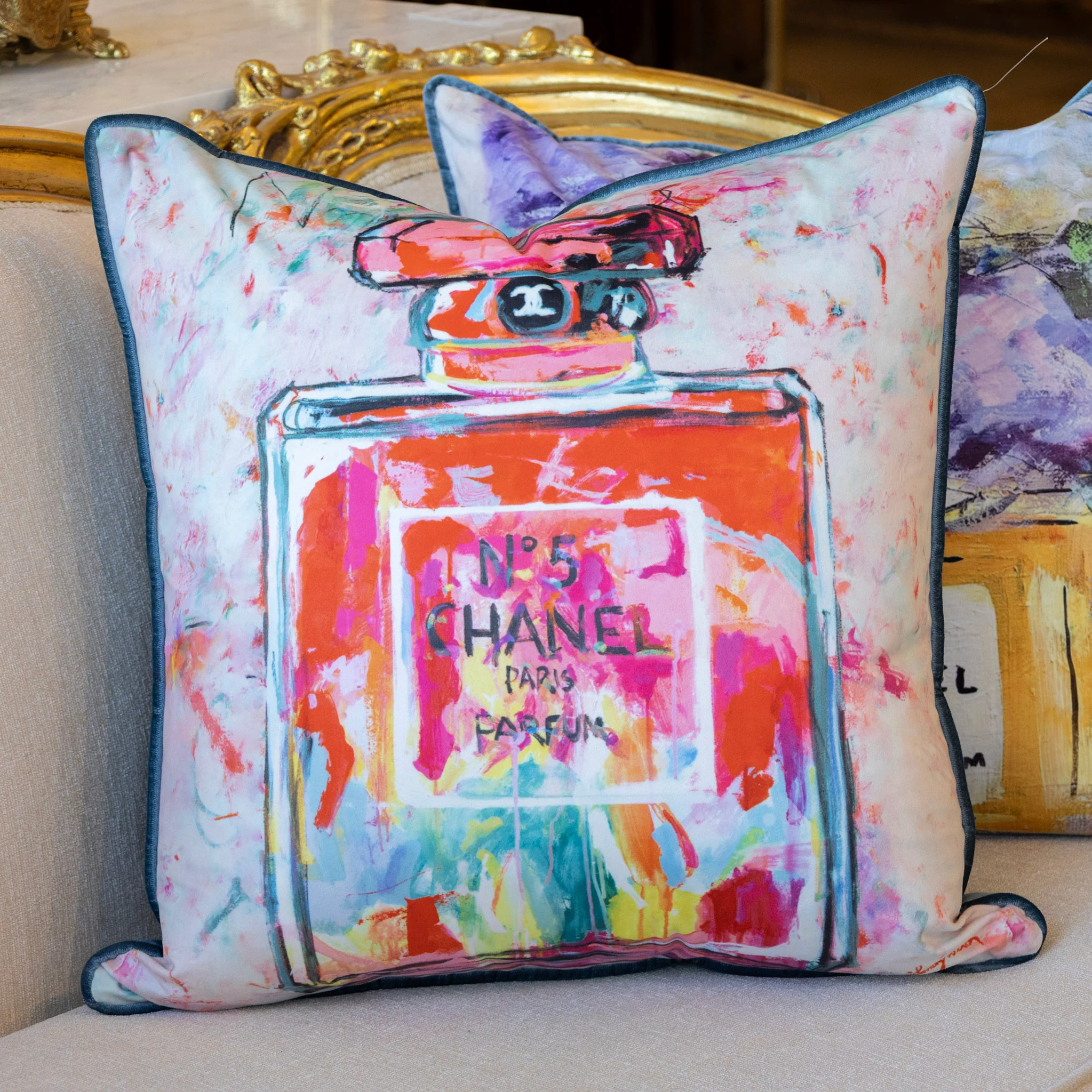 Pair of Medium Pillows - Multicolor Velvet Chanel Print - Image 5