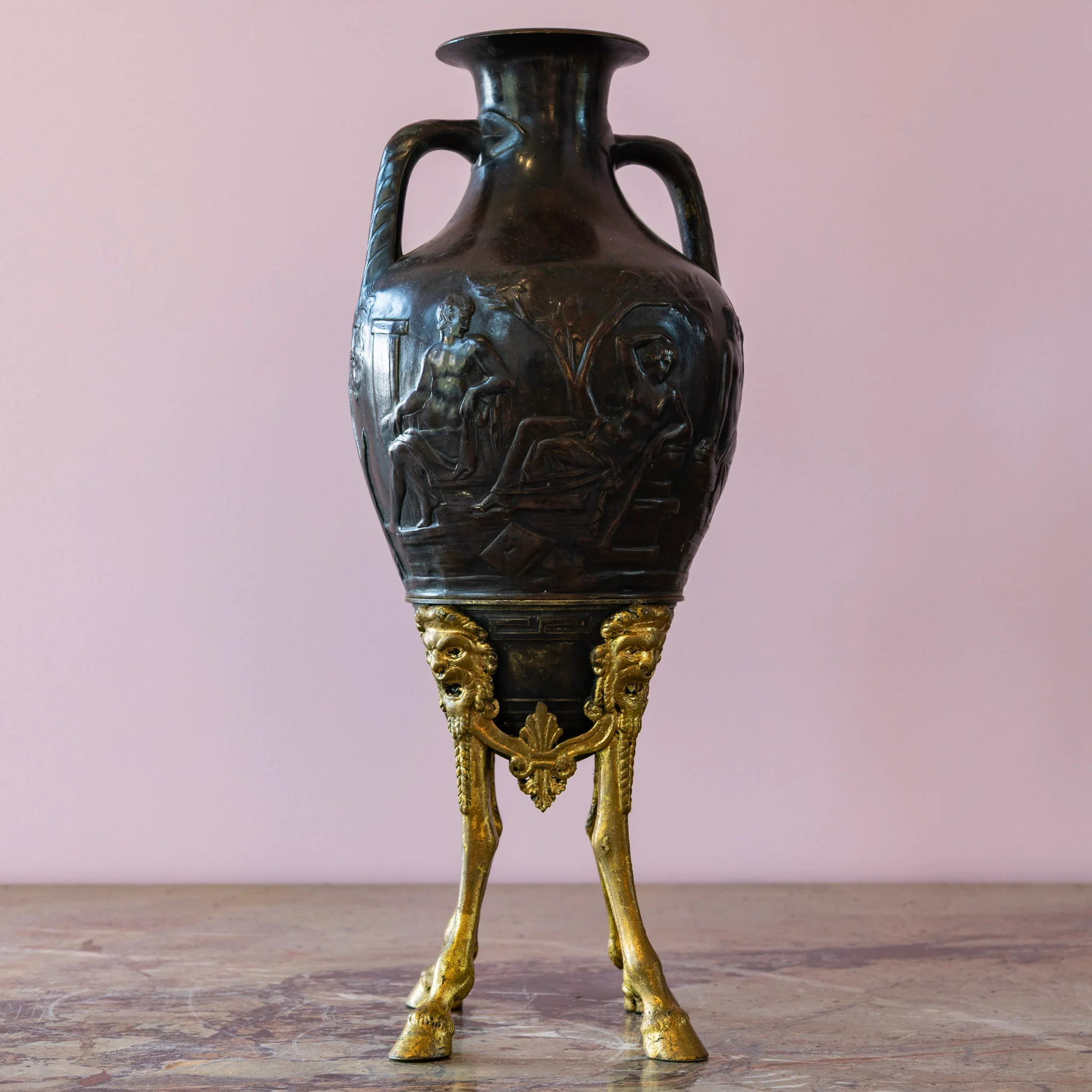 Pair of Neoclassical Black Vases – Gilt Head Carving Base - Image 4