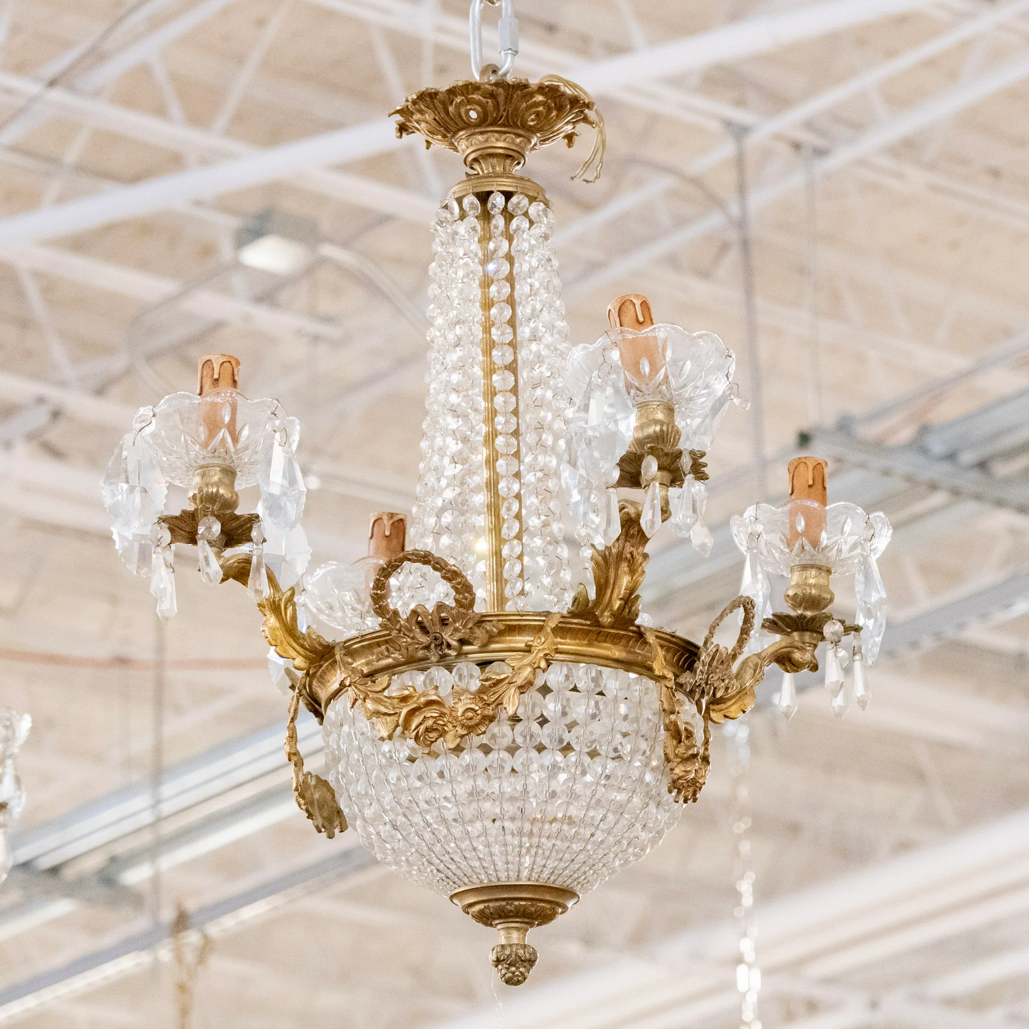 Pair of Petite French Basket Brass Chandeliers – Beaded Crystal & Floral Garland