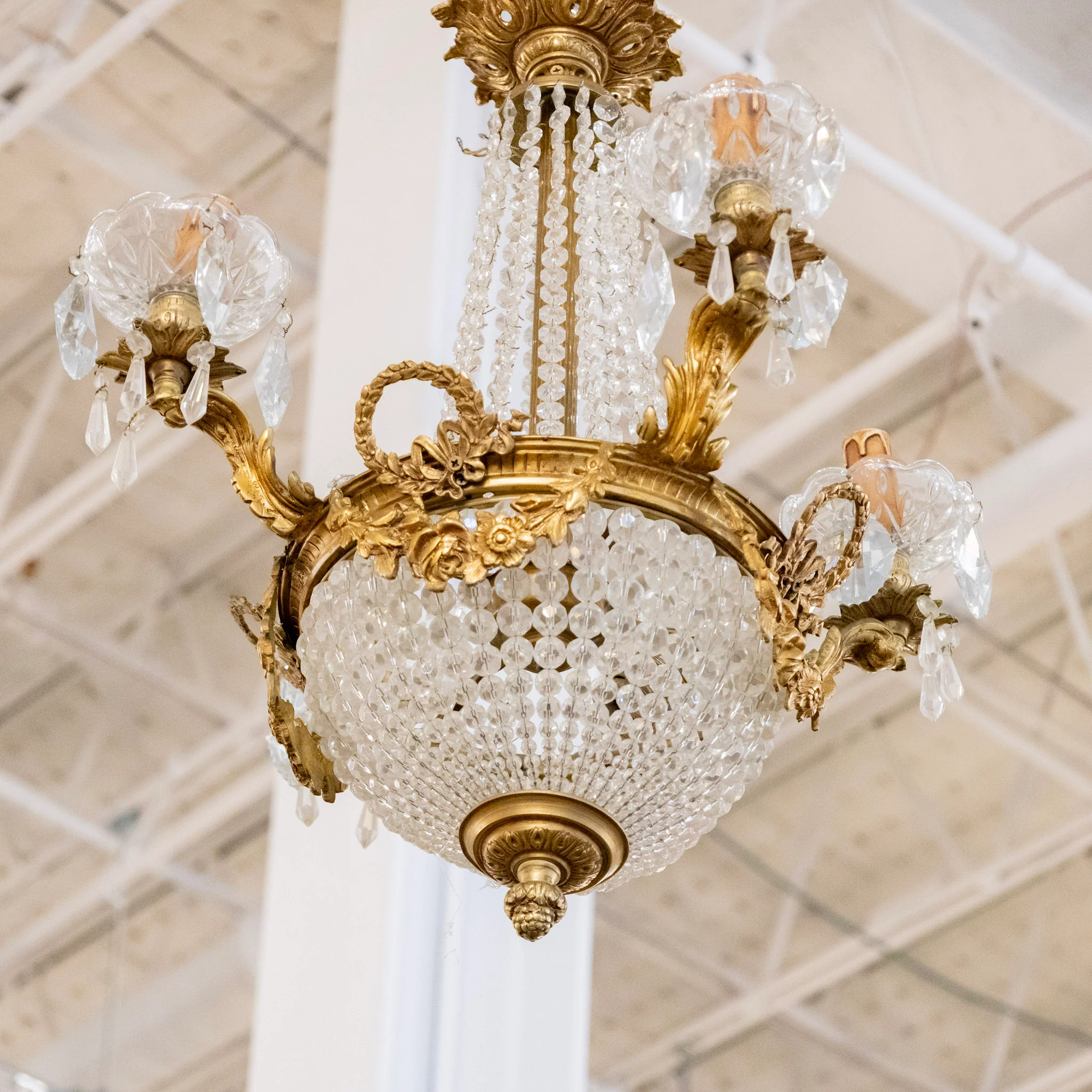 Pair of Petite French Basket Brass Chandeliers – Beaded Crystal & Floral Garland - Image 2