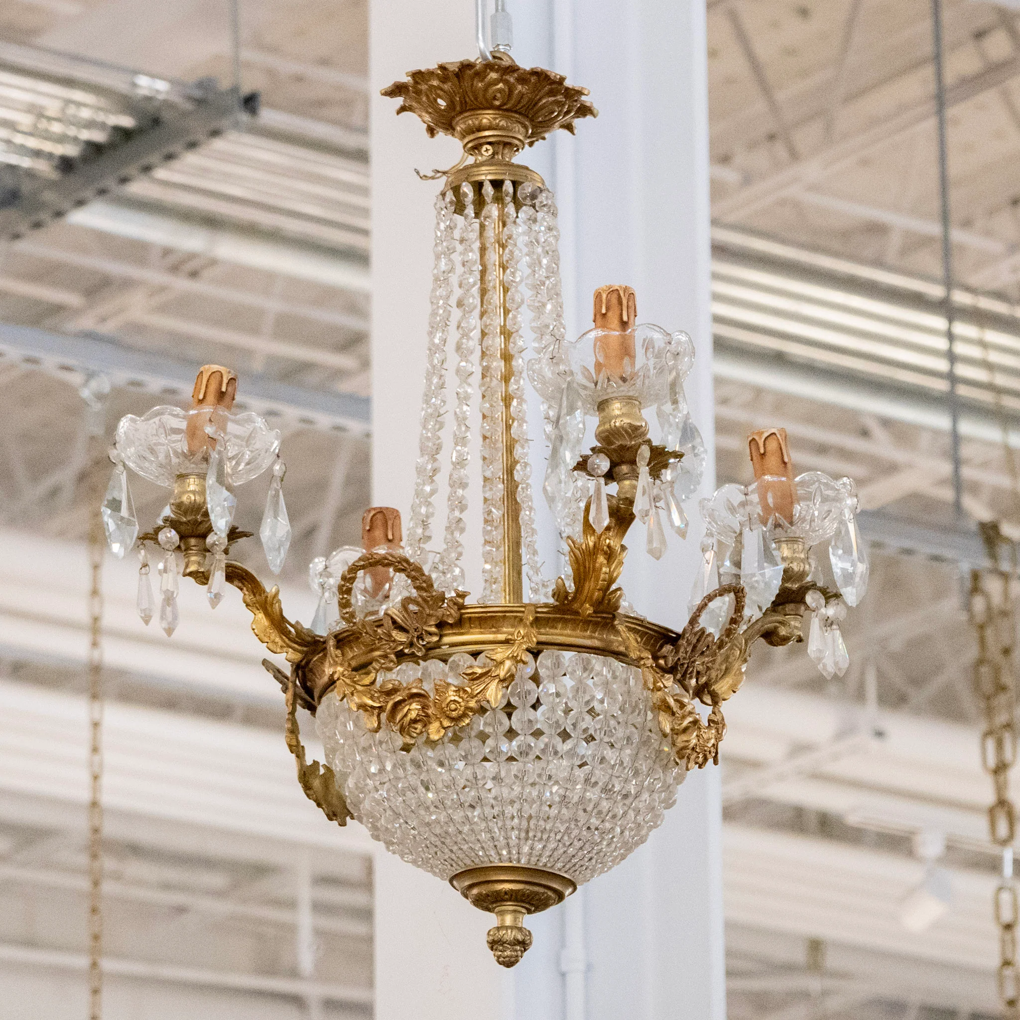 Pair of Petite French Basket Brass Chandeliers – Beaded Crystal & Floral Garland - Image 3