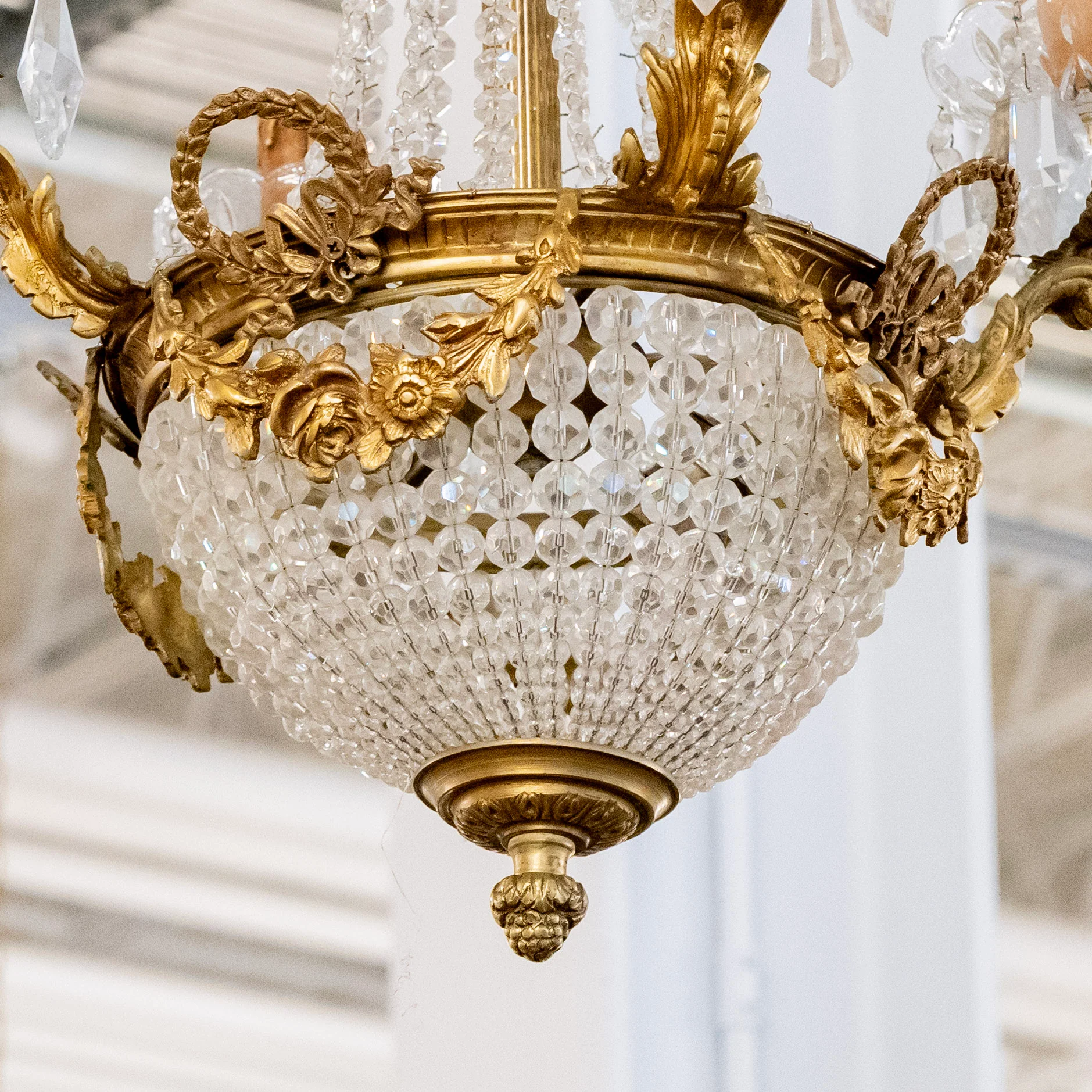 Pair of Petite French Basket Brass Chandeliers – Beaded Crystal & Floral Garland - Image 4