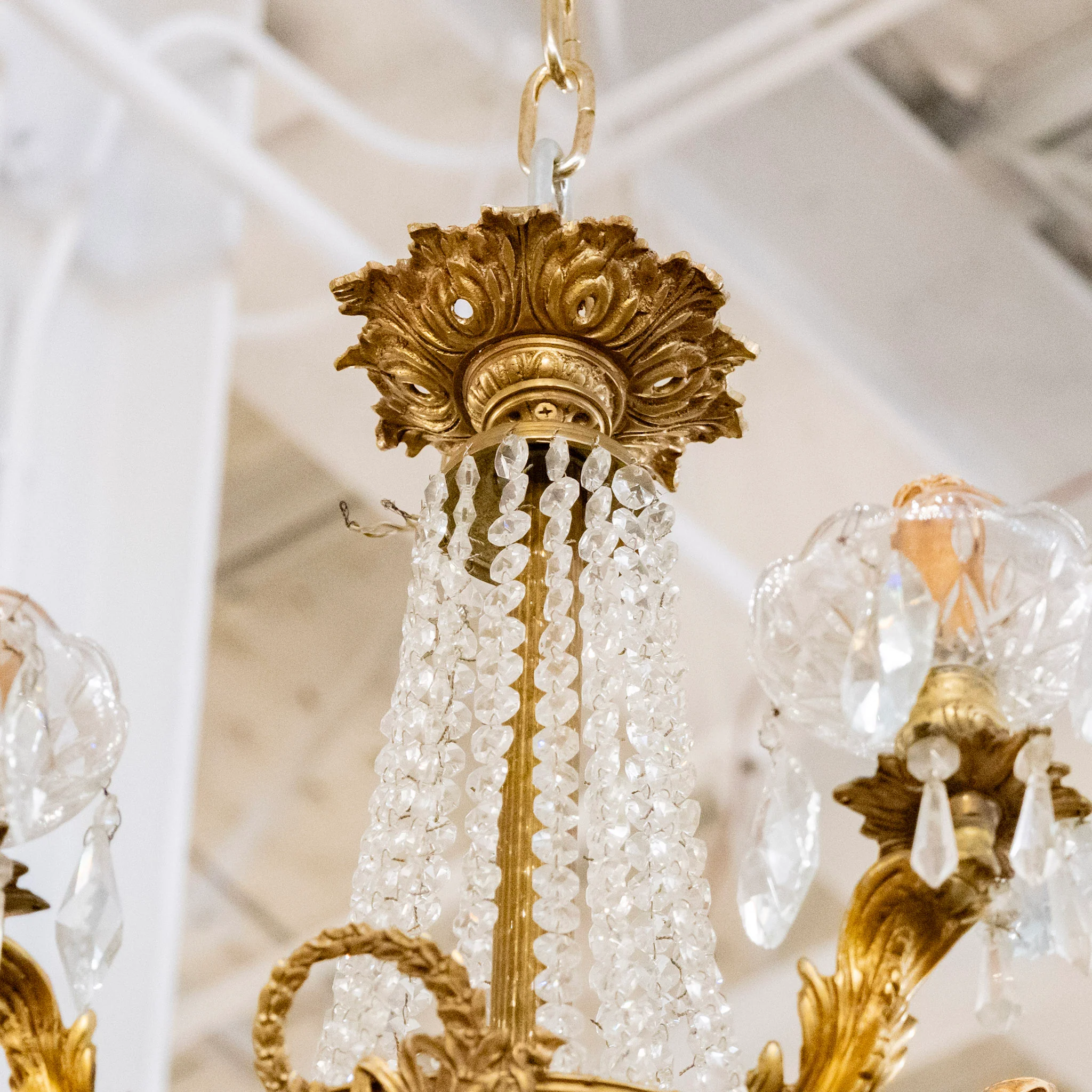 Pair of Petite French Basket Brass Chandeliers – Beaded Crystal & Floral Garland - Image 5