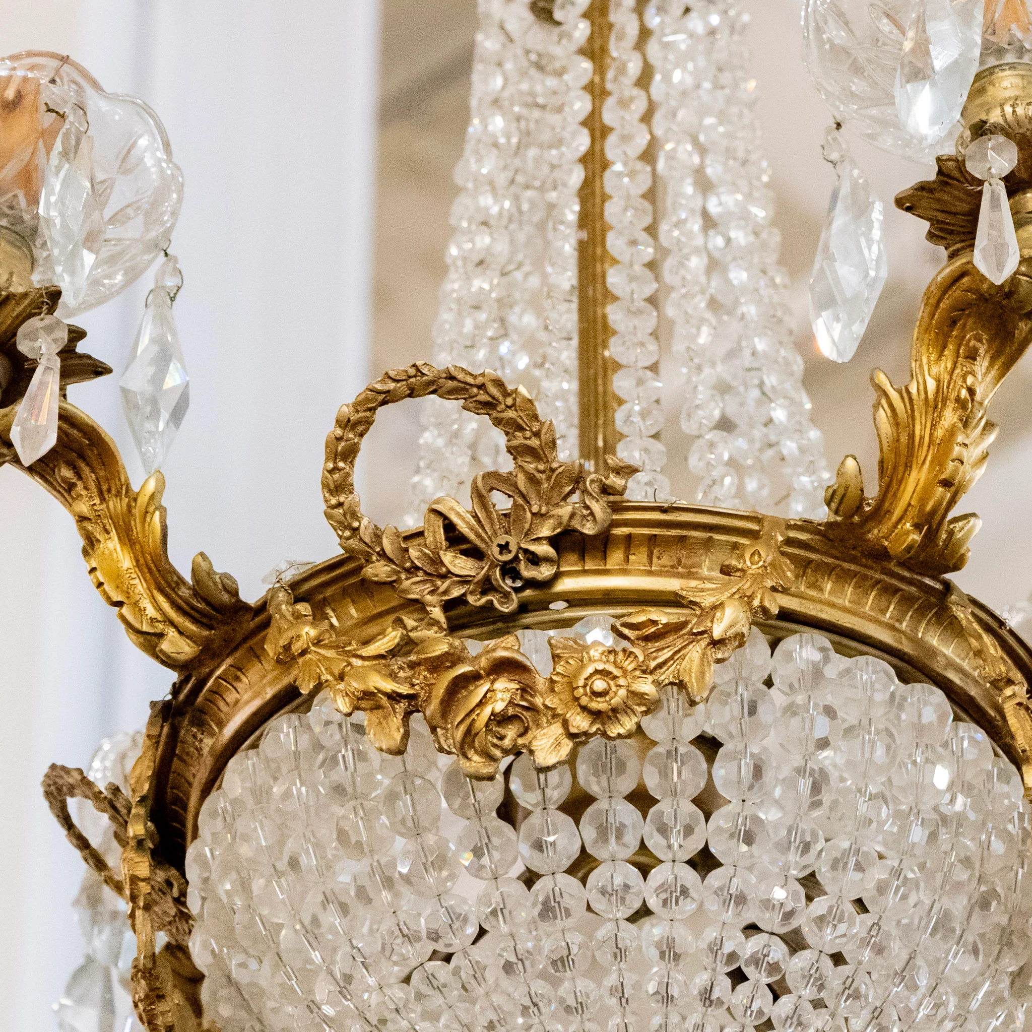 Pair of Petite French Basket Brass Chandeliers – Beaded Crystal & Floral Garland - Image 6