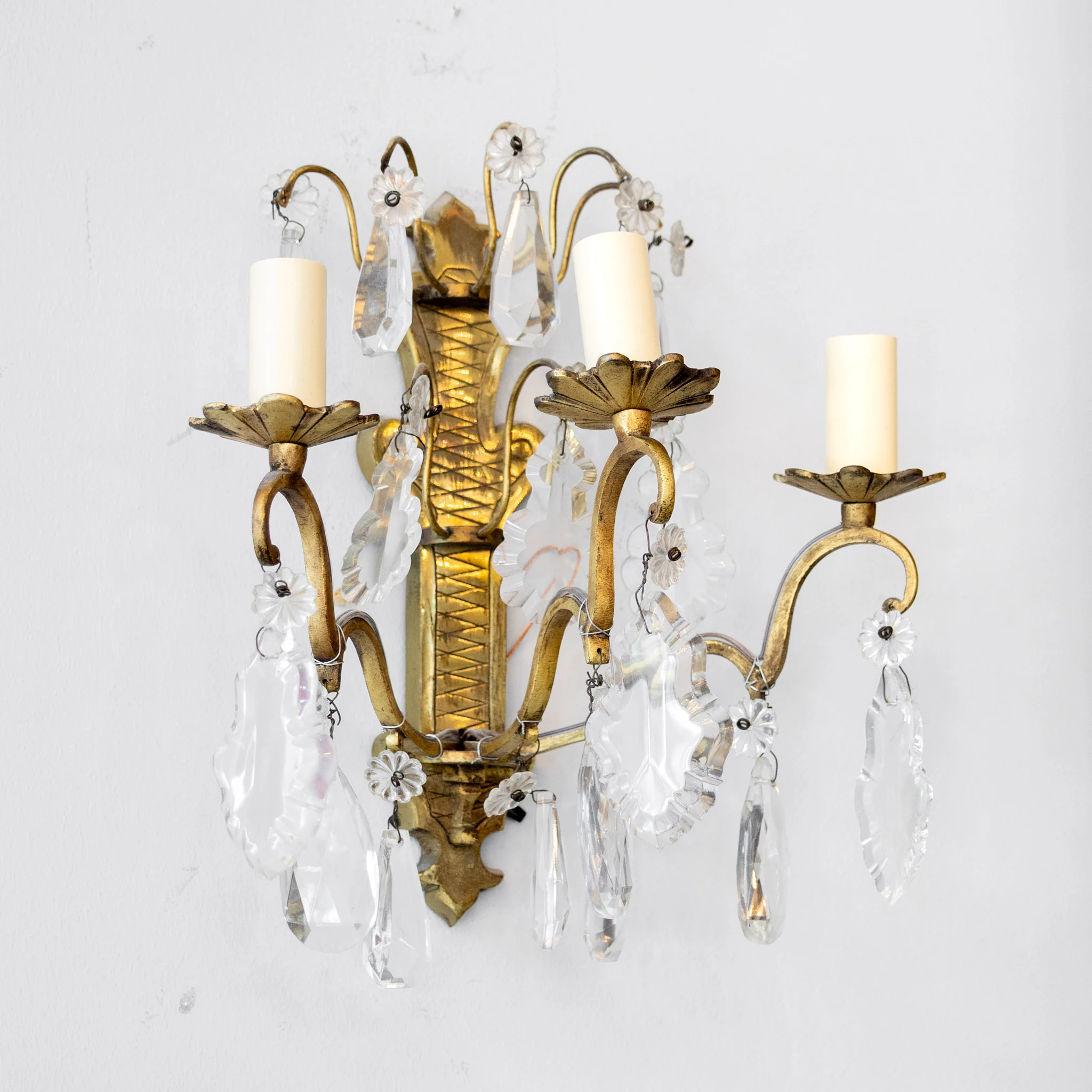 Pair of Petite French Brass Wall Sconces - Crystal Drops & Scroll Arms