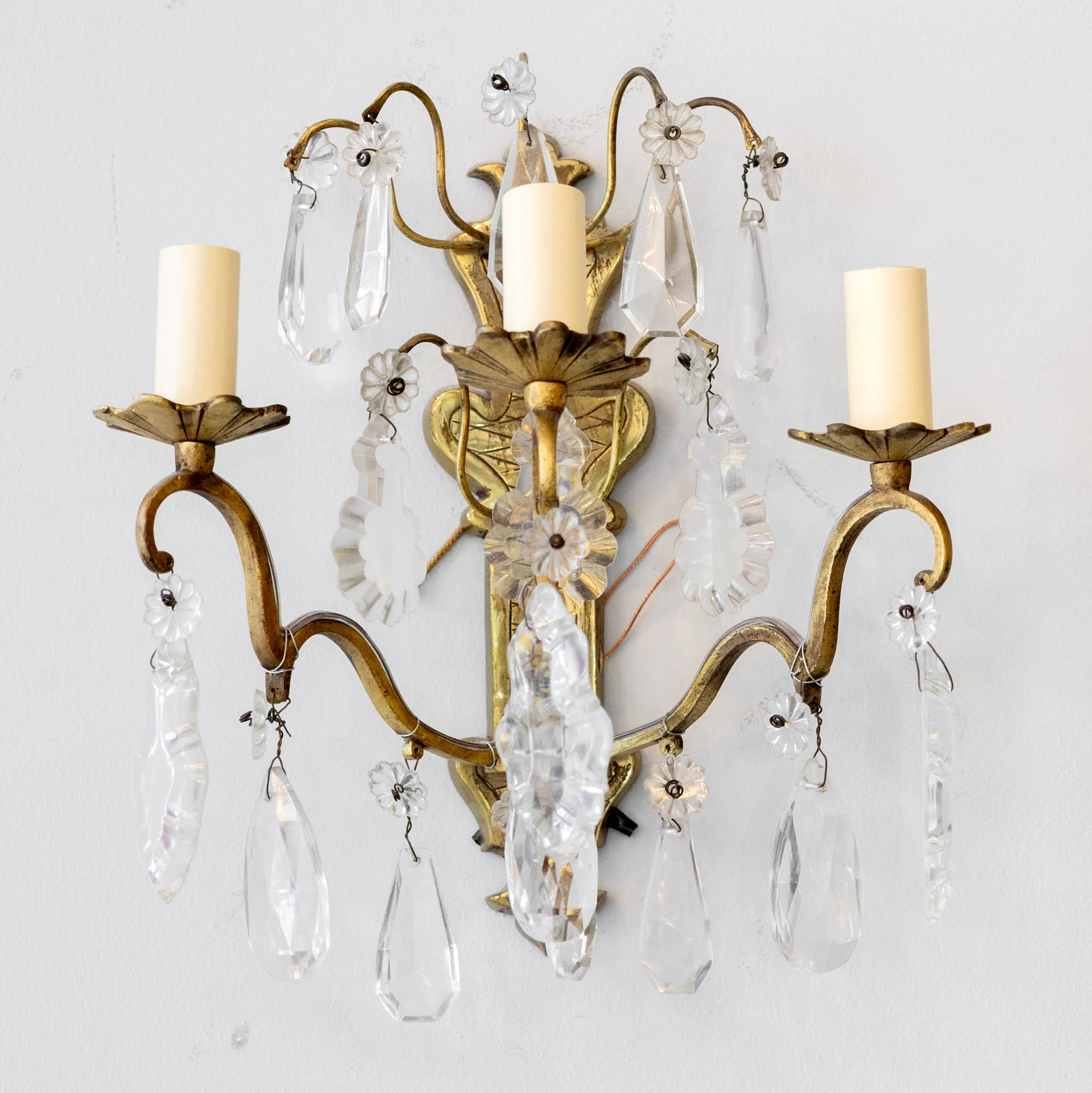 Pair of Petite French Brass Wall Sconces - Crystal Drops & Scroll Arms - Image 2