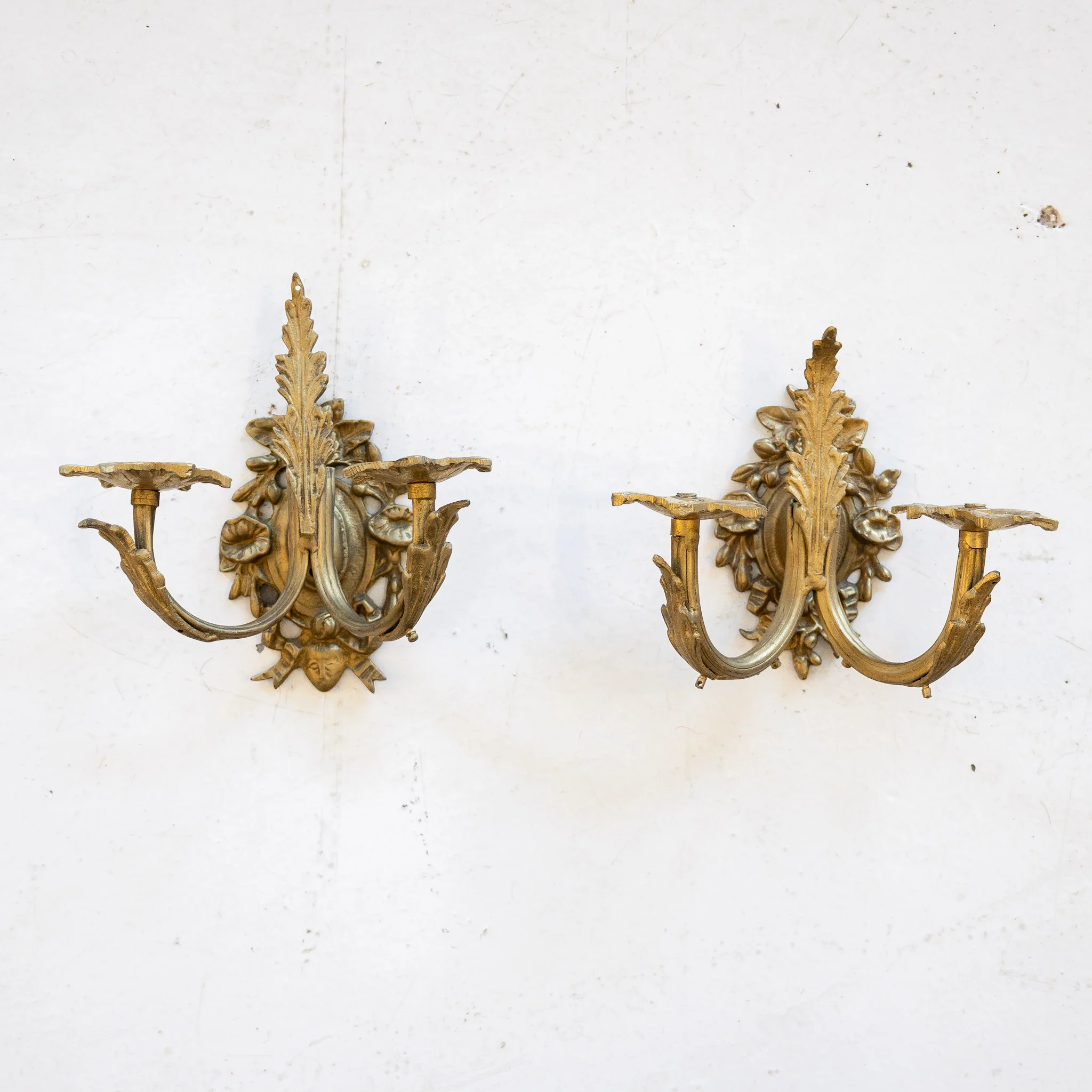 Pair of Petite French Brass Wall Sconces – Ornate Frame
