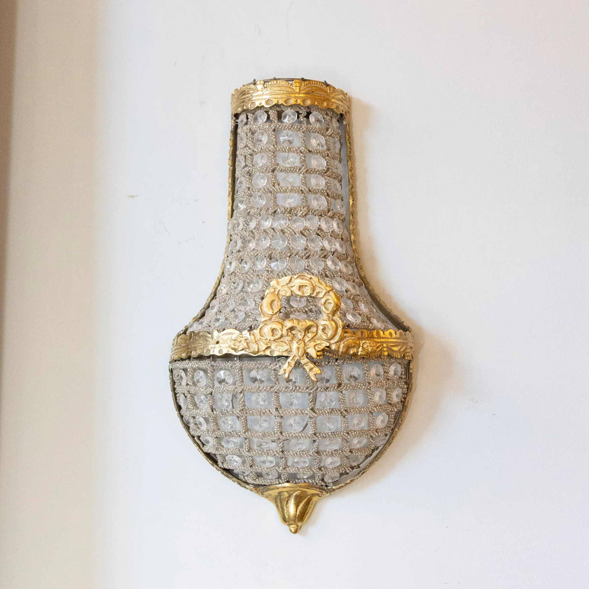 Pair of Petite French Empire Crystal Basket Sconces – Gilded Bronze Trim