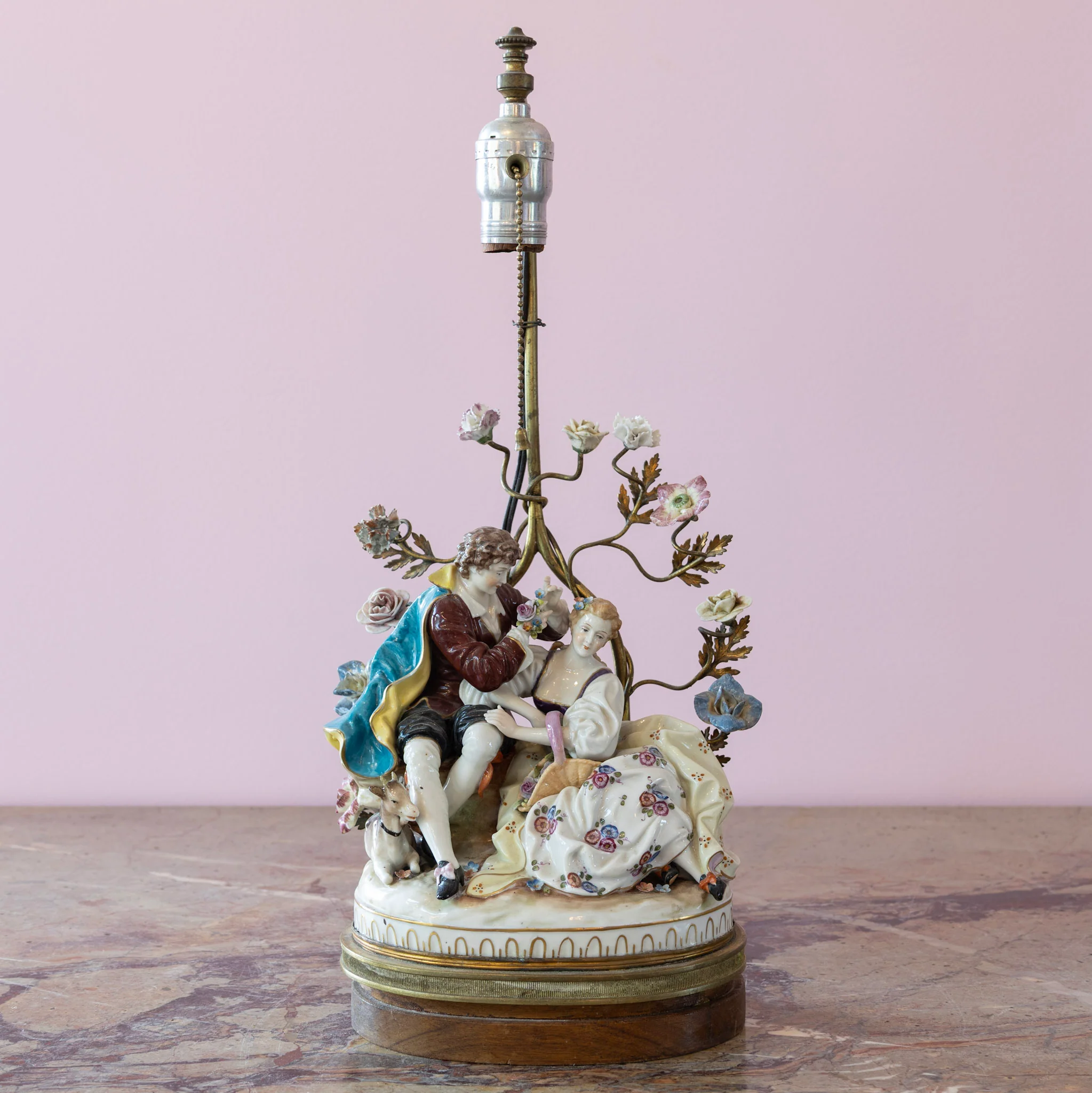 Pair of Porcelain Rococo Style Couple Lamps - Image 3