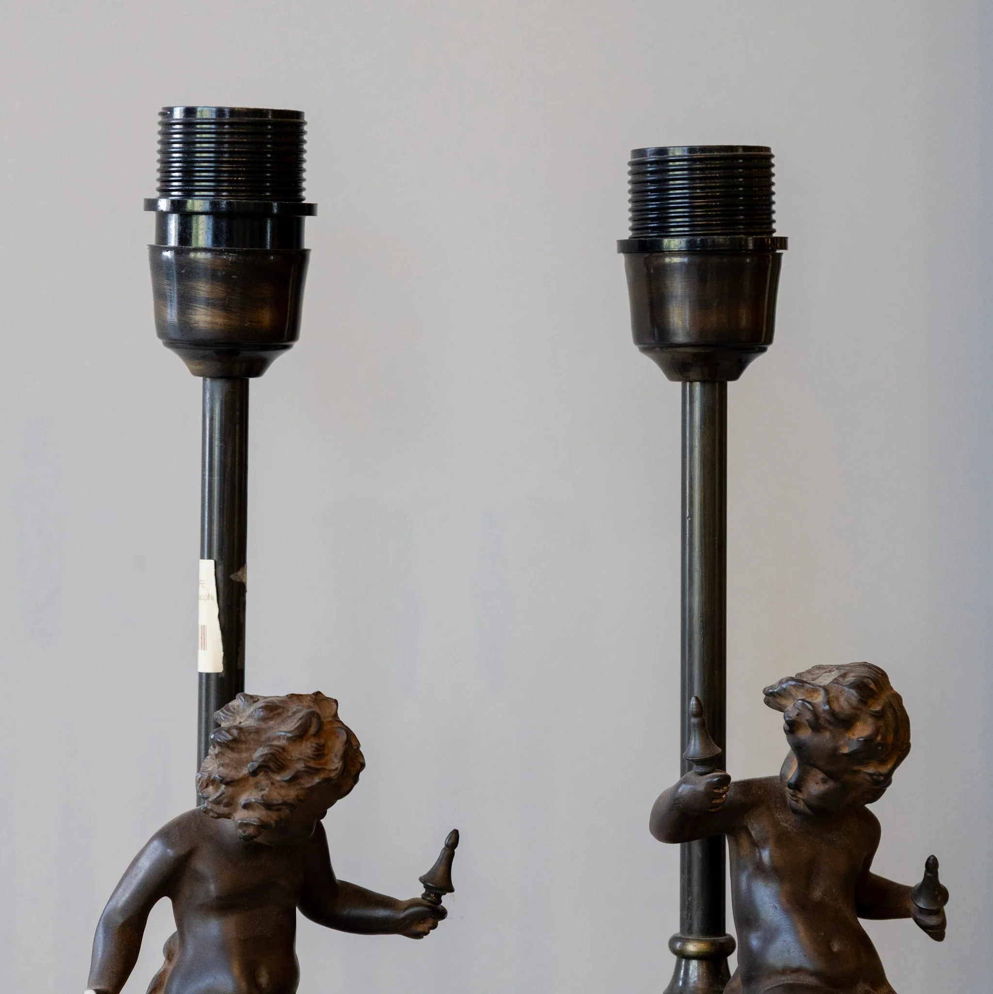 French Bronze Cherub Table Lamps – Textured Column Bases - Image 3