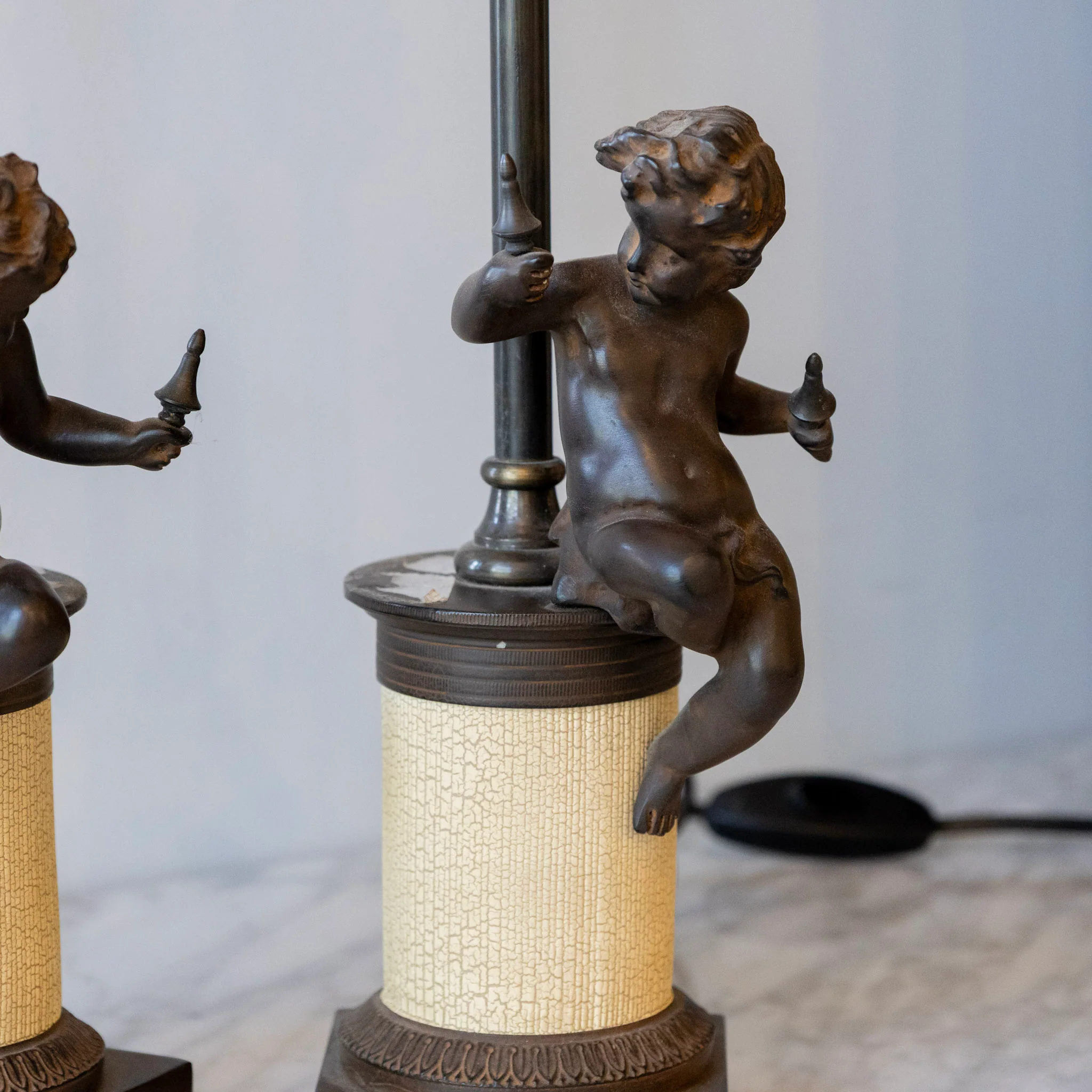 French Bronze Cherub Table Lamps – Textured Column Bases - Image 4