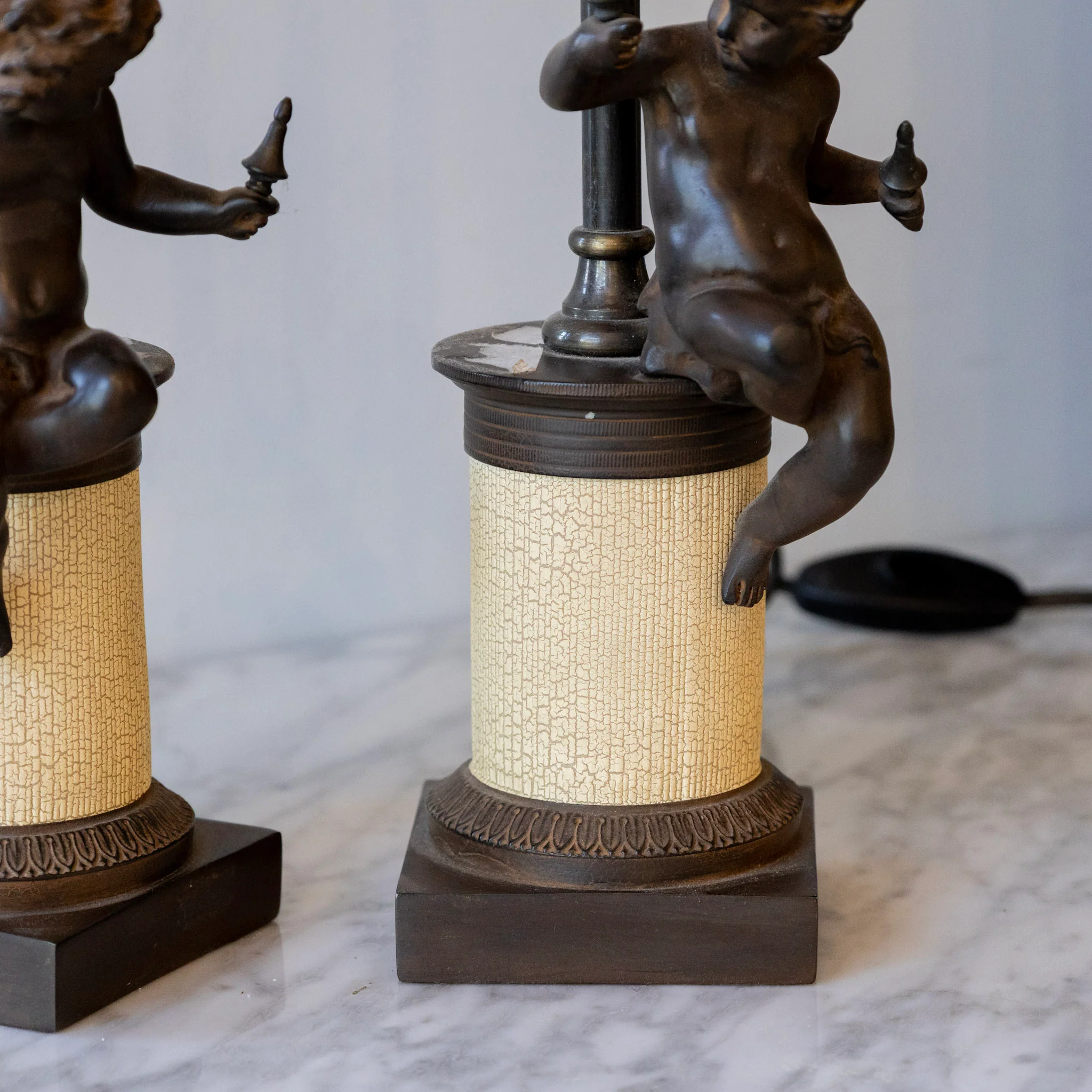 French Bronze Cherub Table Lamps – Textured Column Bases - Image 5