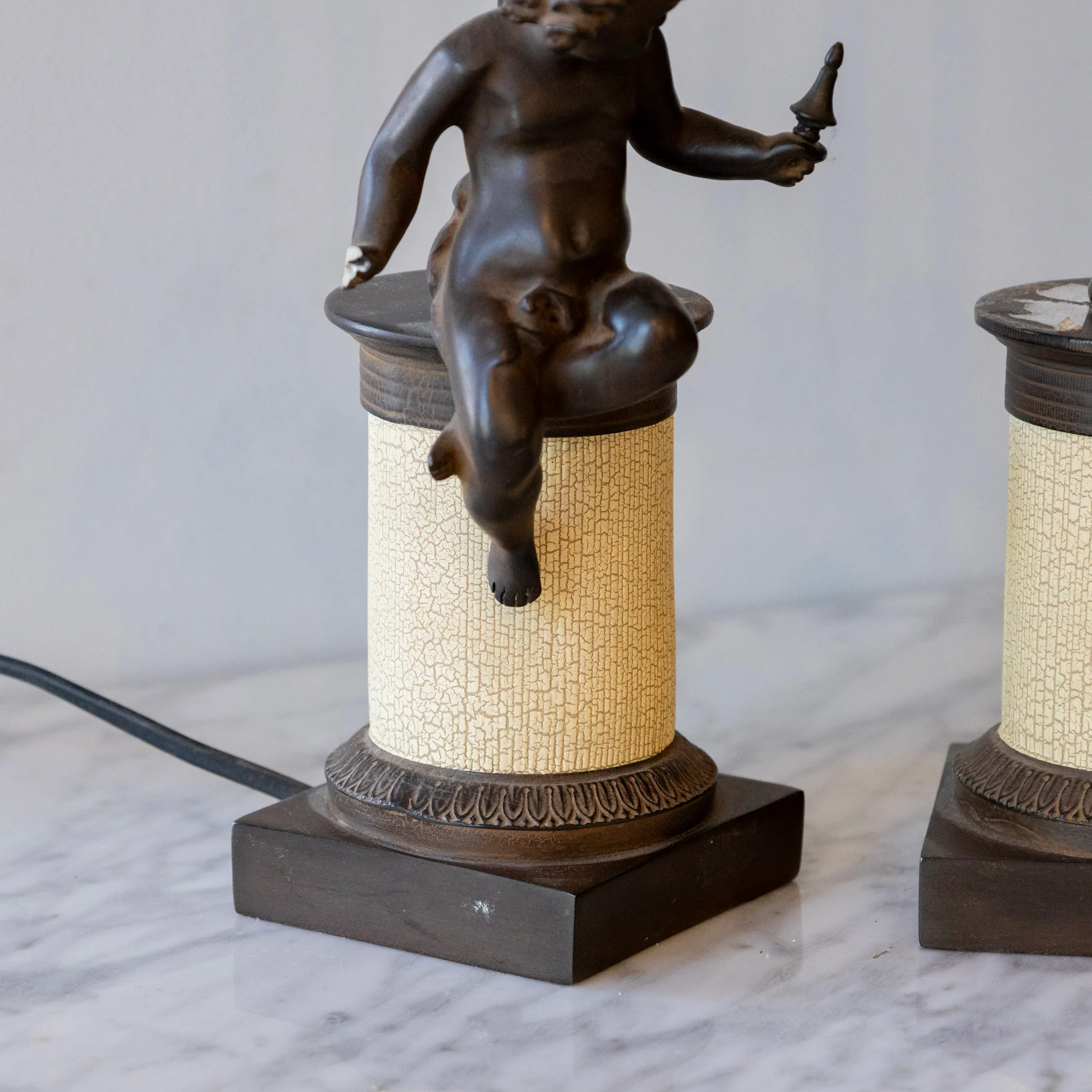 French Bronze Cherub Table Lamps – Textured Column Bases - Image 7
