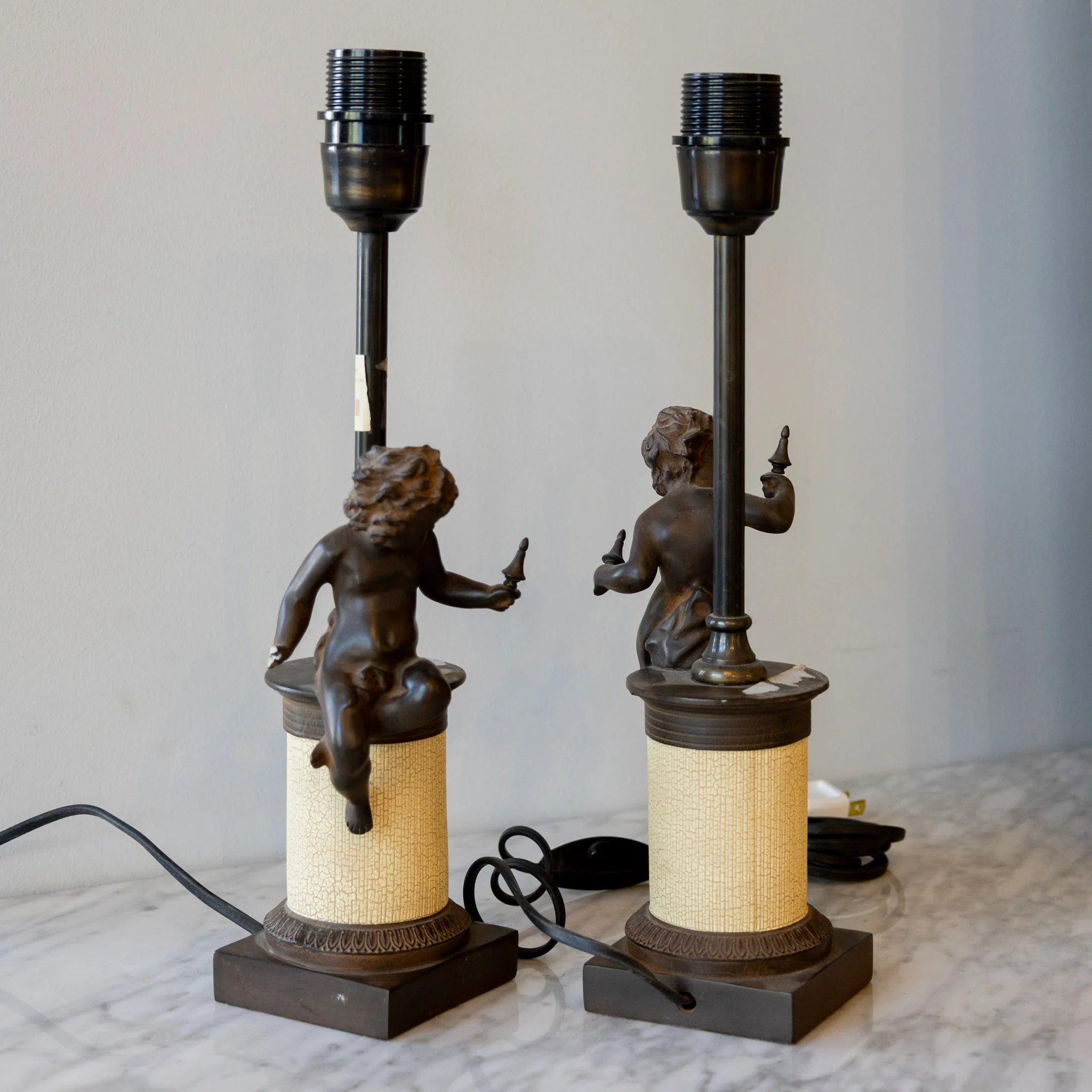 French Bronze Cherub Table Lamps – Textured Column Bases - Image 8