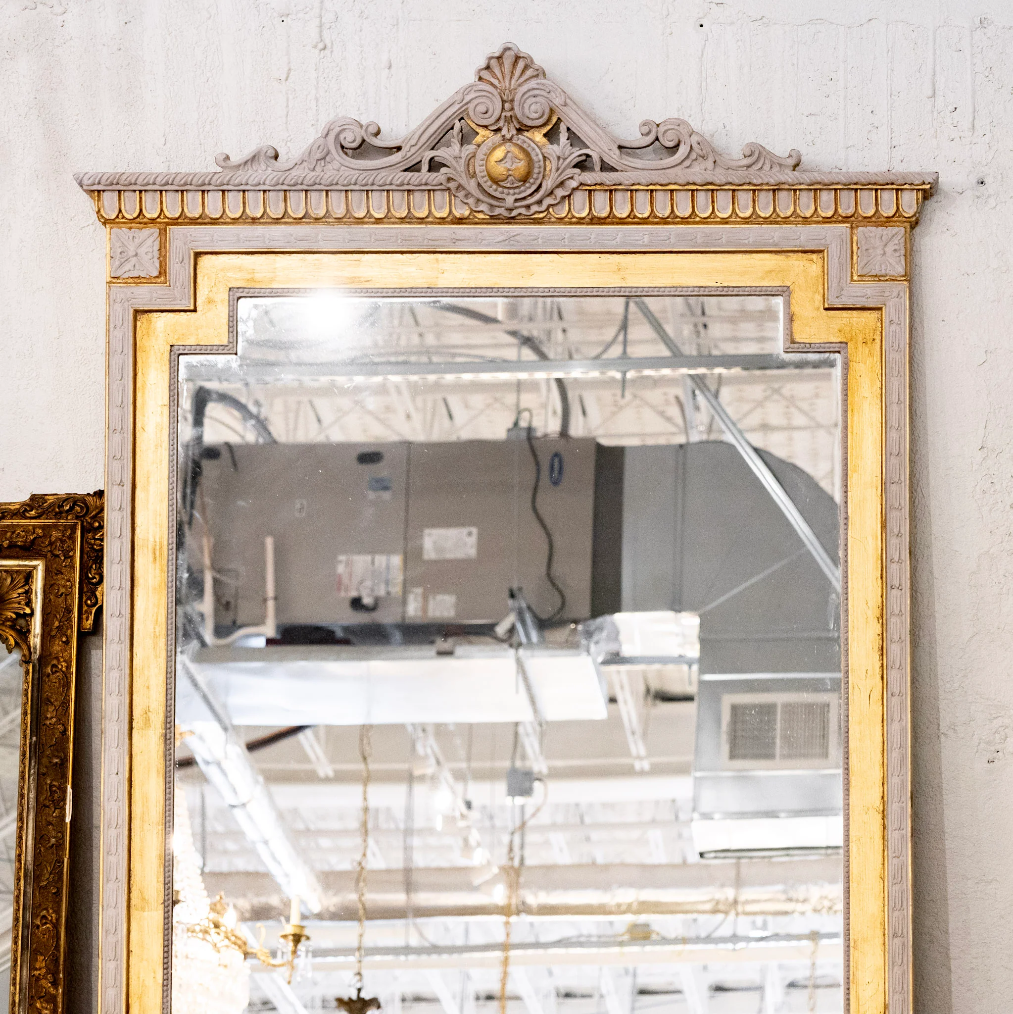 French Full Length Gray & Gold Ornate Mirror – Carved Crest & Stepped Frame - Image 2