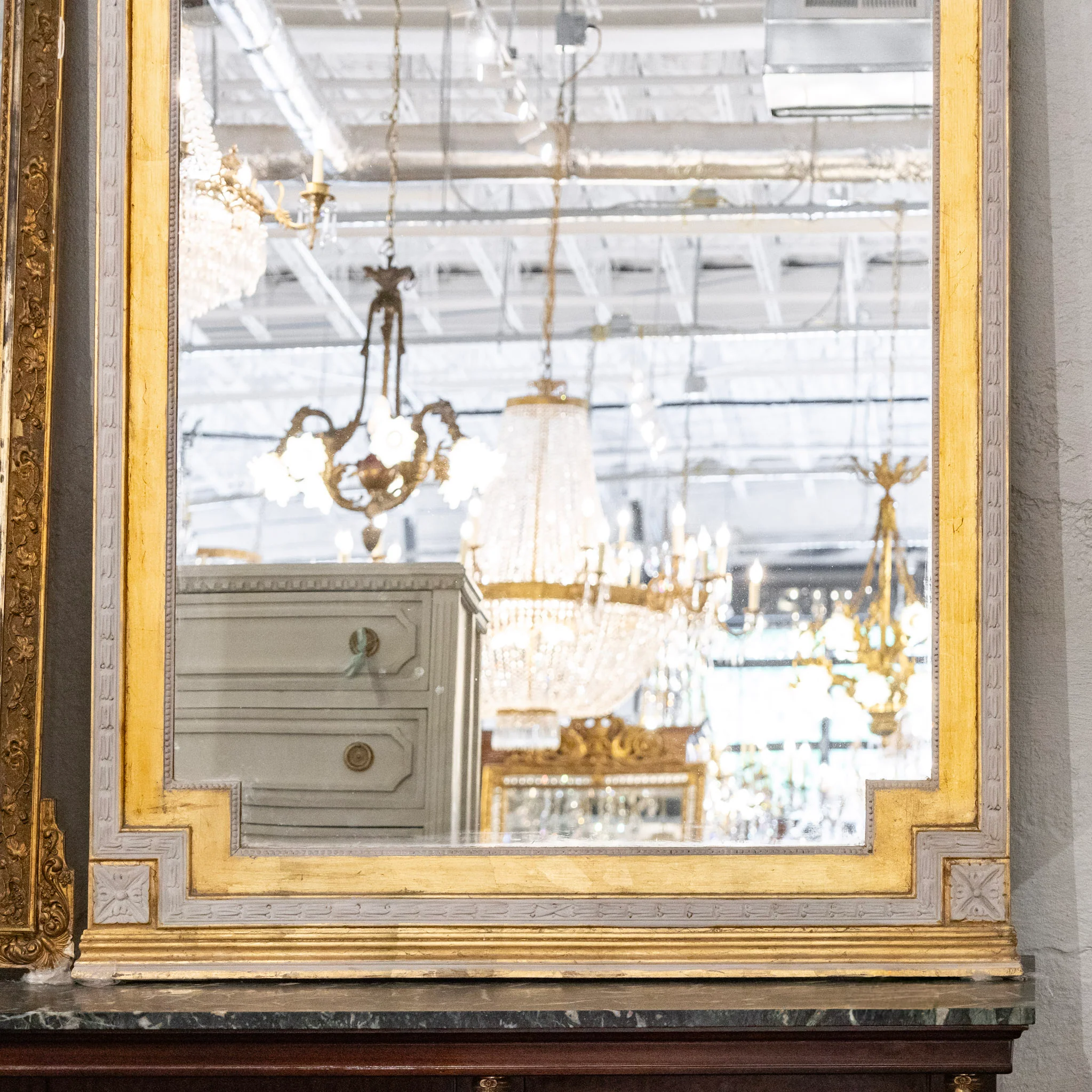 French Full Length Gray & Gold Ornate Mirror – Carved Crest & Stepped Frame - Image 3