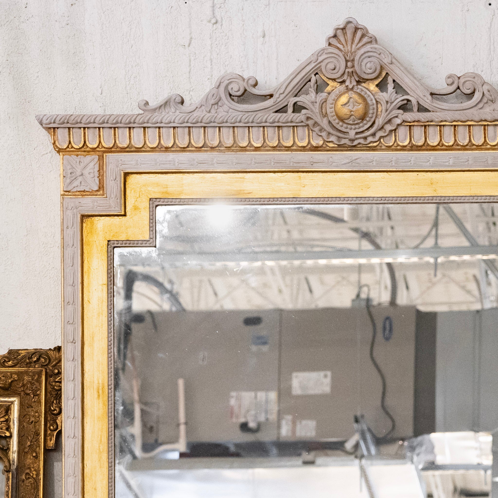 French Full Length Gray & Gold Ornate Mirror – Carved Crest & Stepped Frame - Image 4