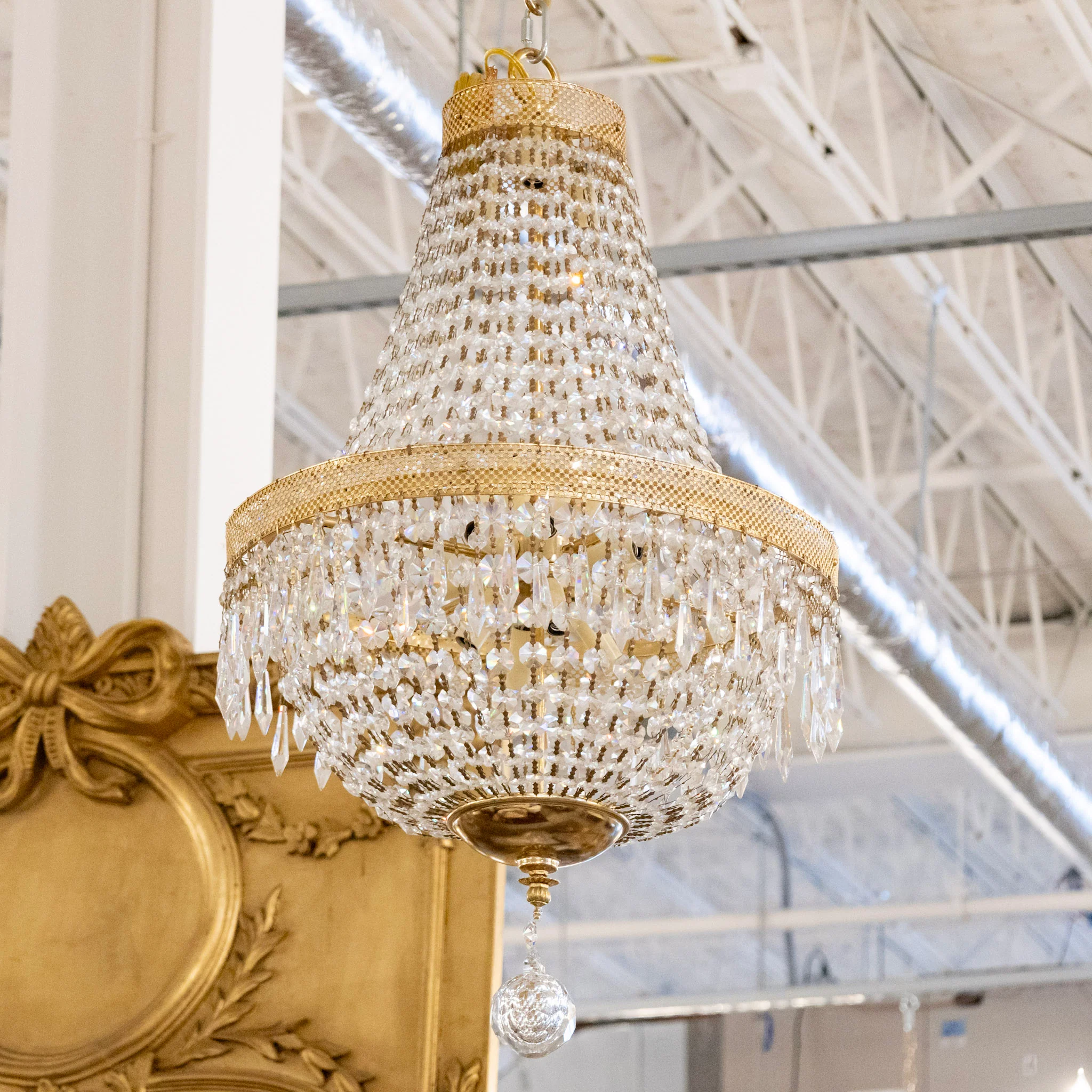 Petite French Basket Brass Chandelier – Beaded Crystal & Icicle Drops