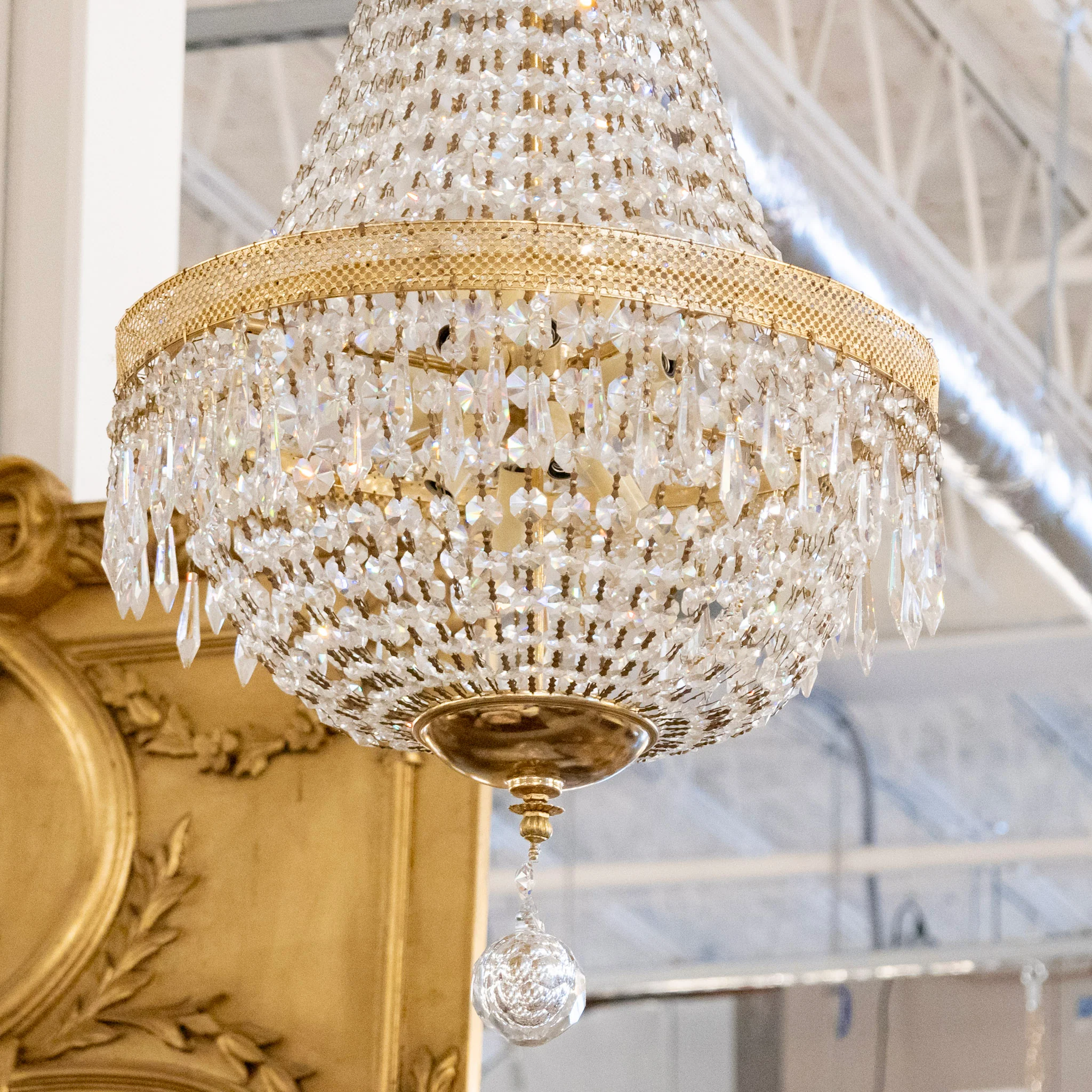 Petite French Basket Brass Chandelier – Beaded Crystal & Icicle Drops - Image 2