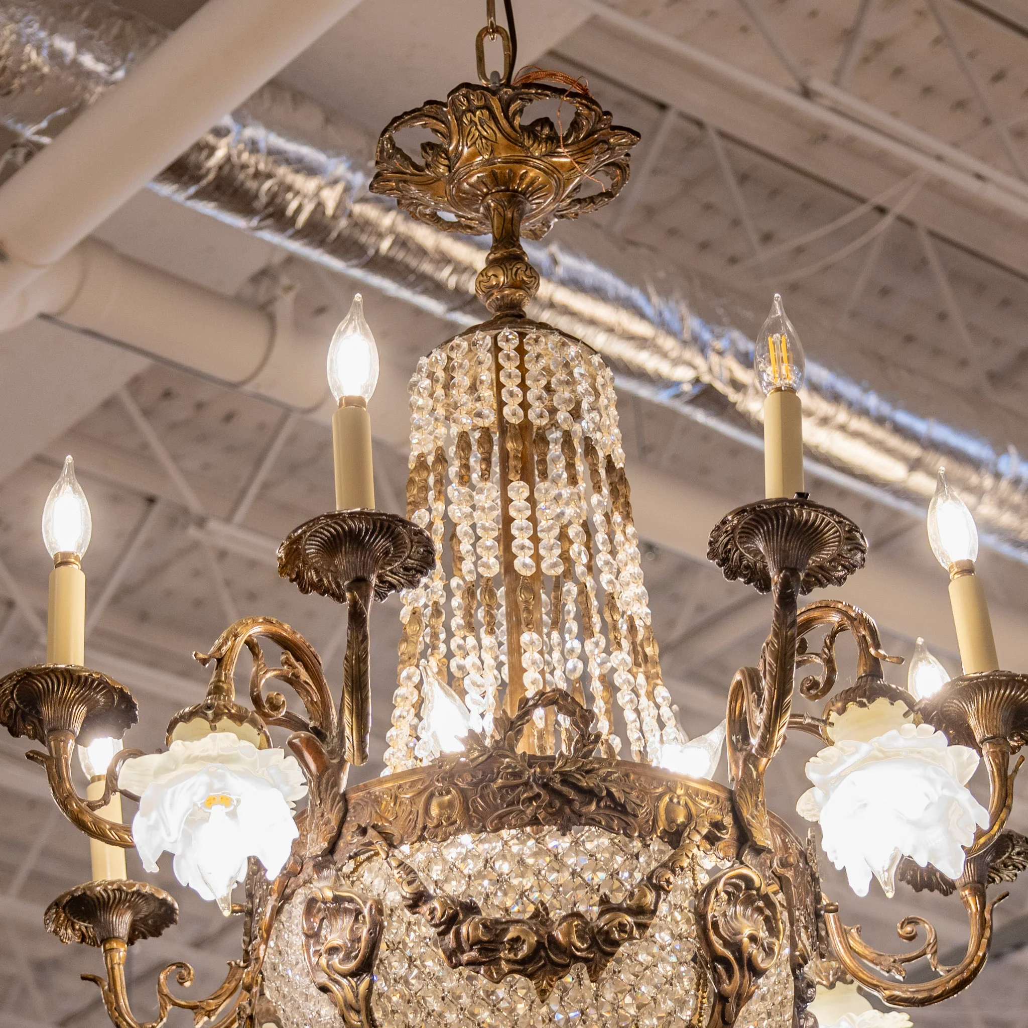 Petite French Basket Brass Chandelier – Beaded Crystal & Leaf Trim - Image 2