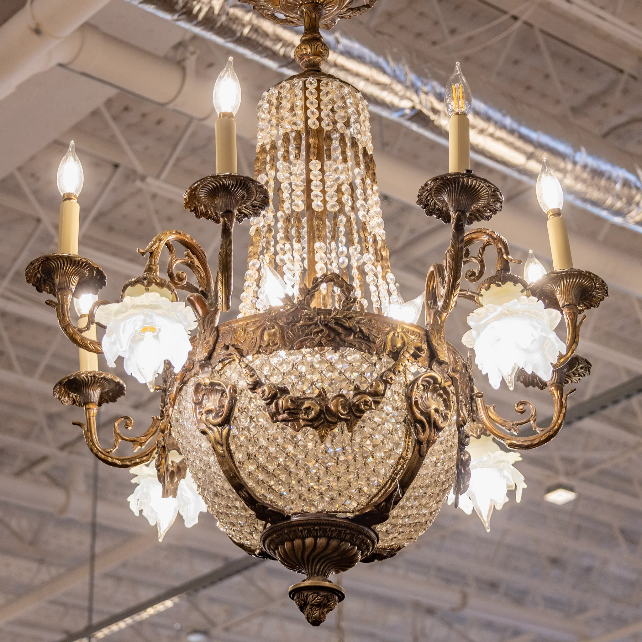 Petite French Basket Brass Chandelier – Beaded Crystal & Leaf Trim - Image 3