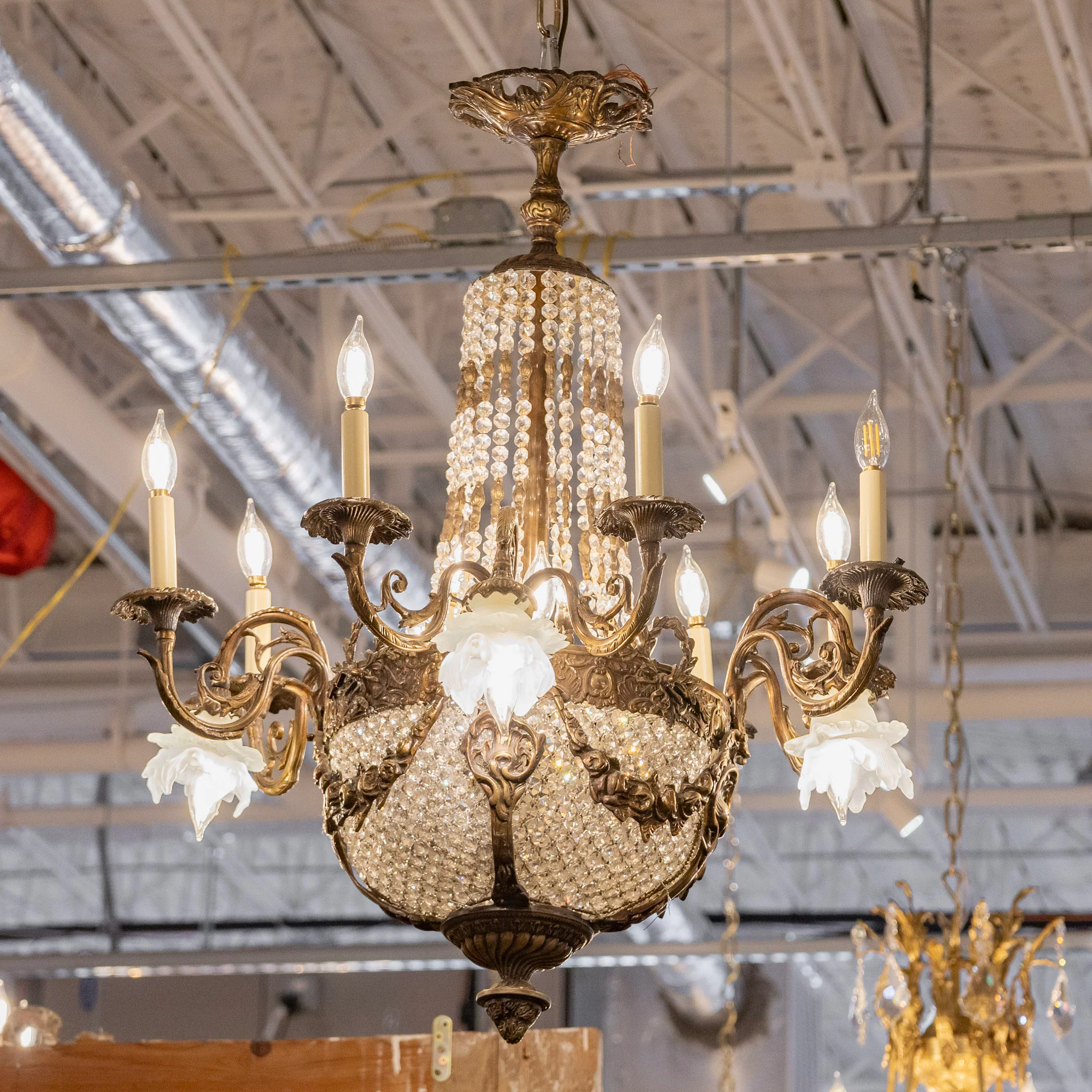 Petite French Basket Brass Chandelier – Beaded Crystal & Leaf Trim - Image 4