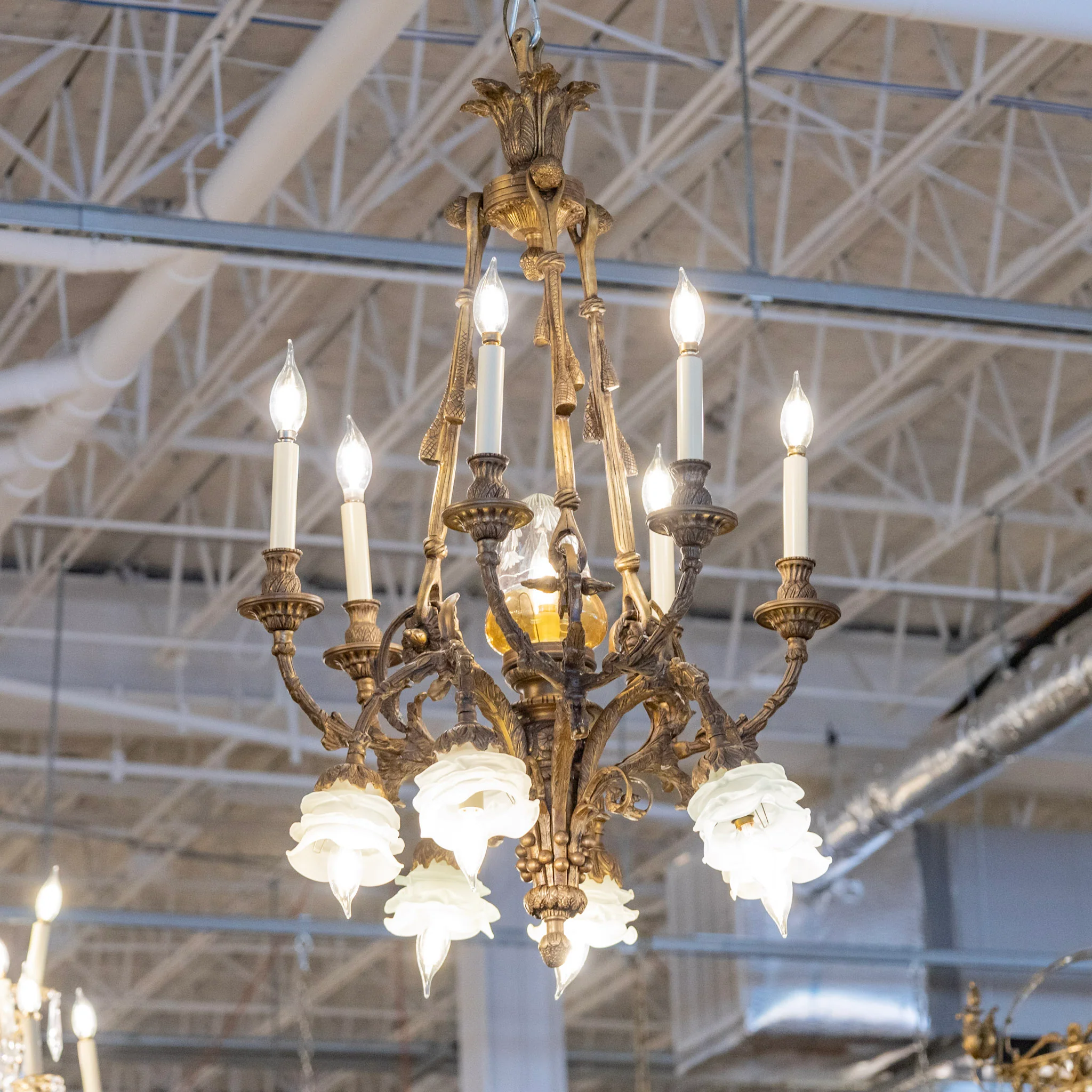 Petite French Brass Cage Candelabra Chandelier – Floral Glass Shades & Ornate Frame - Image 3
