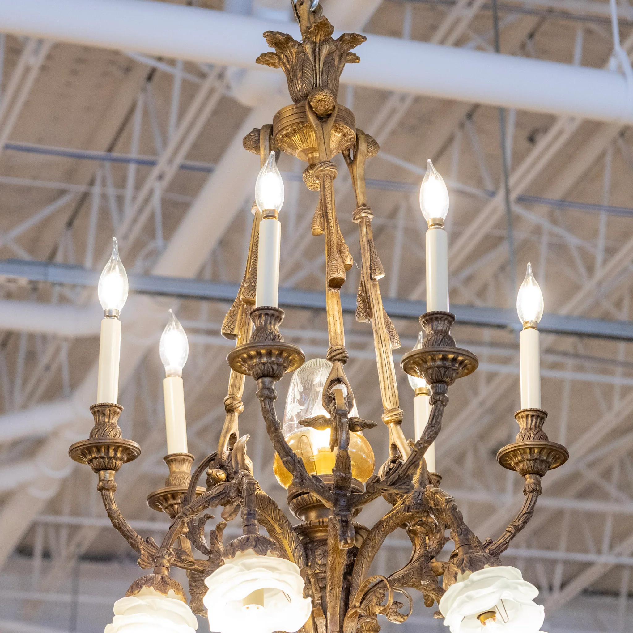 Petite French Brass Cage Candelabra Chandelier – Floral Glass Shades & Ornate Frame - Image 4