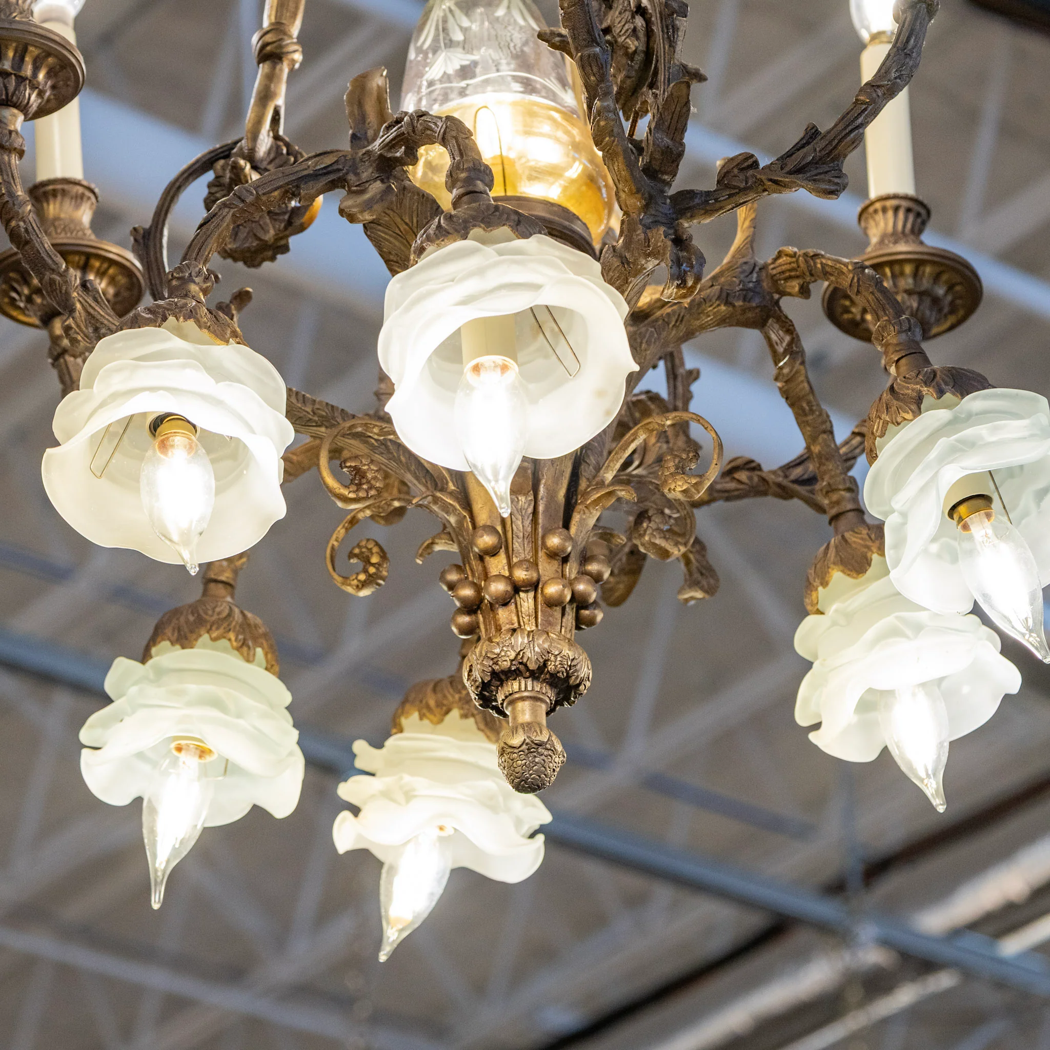 Petite French Brass Cage Candelabra Chandelier – Floral Glass Shades & Ornate Frame - Image 5