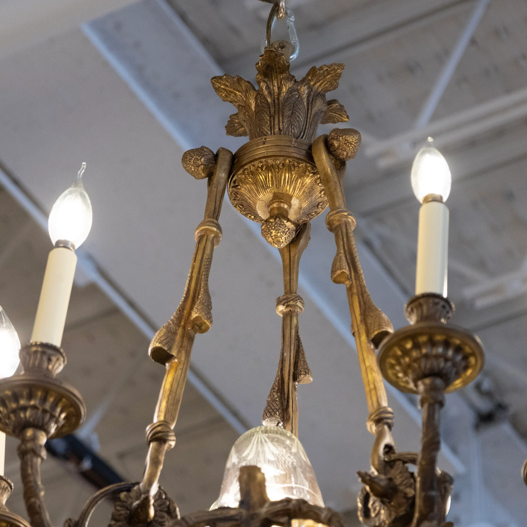 Petite French Brass Cage Candelabra Chandelier – Floral Glass Shades & Ornate Frame - Image 6