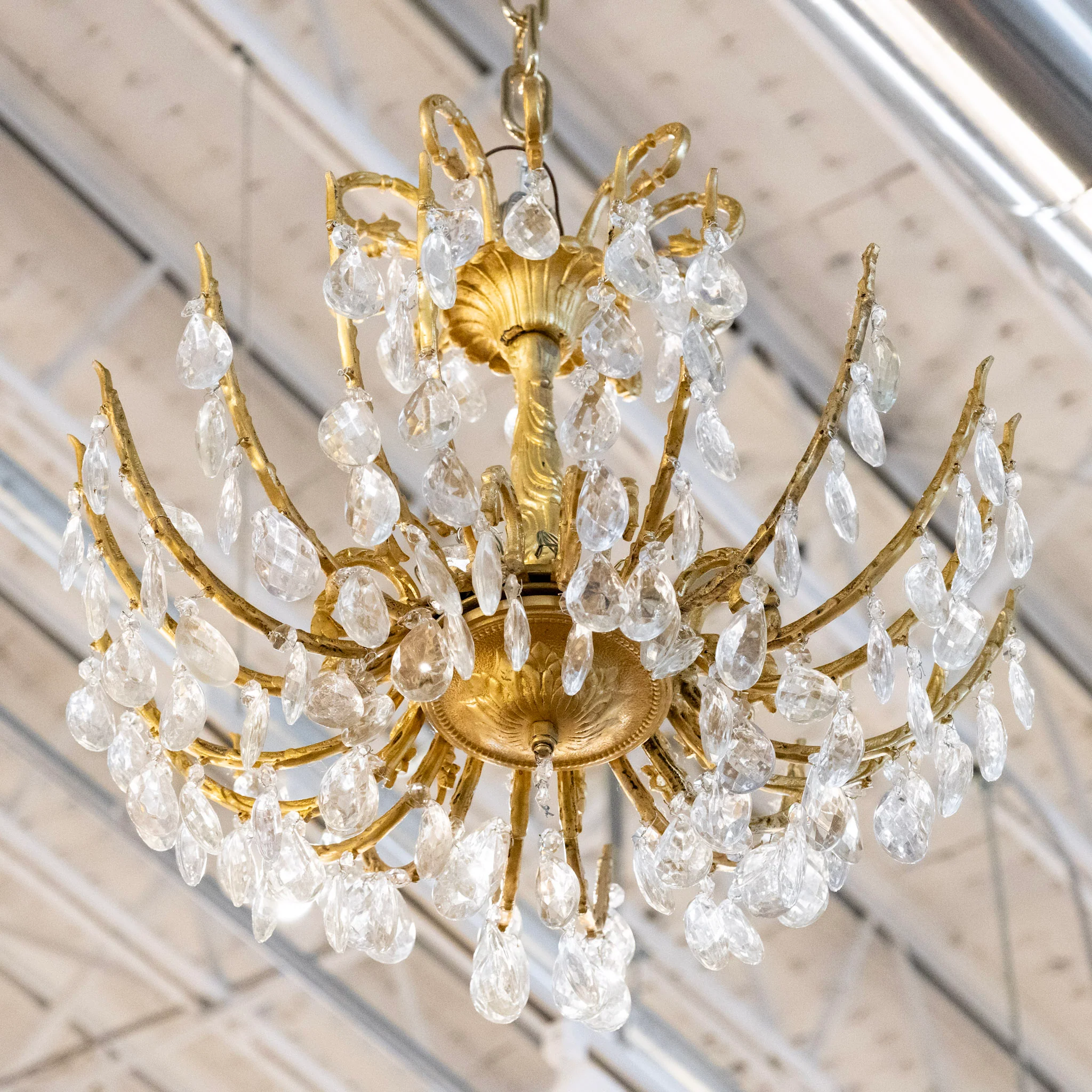 Petite French Brass Chandelier – Crystal Drops & Scroll Leaf Frame