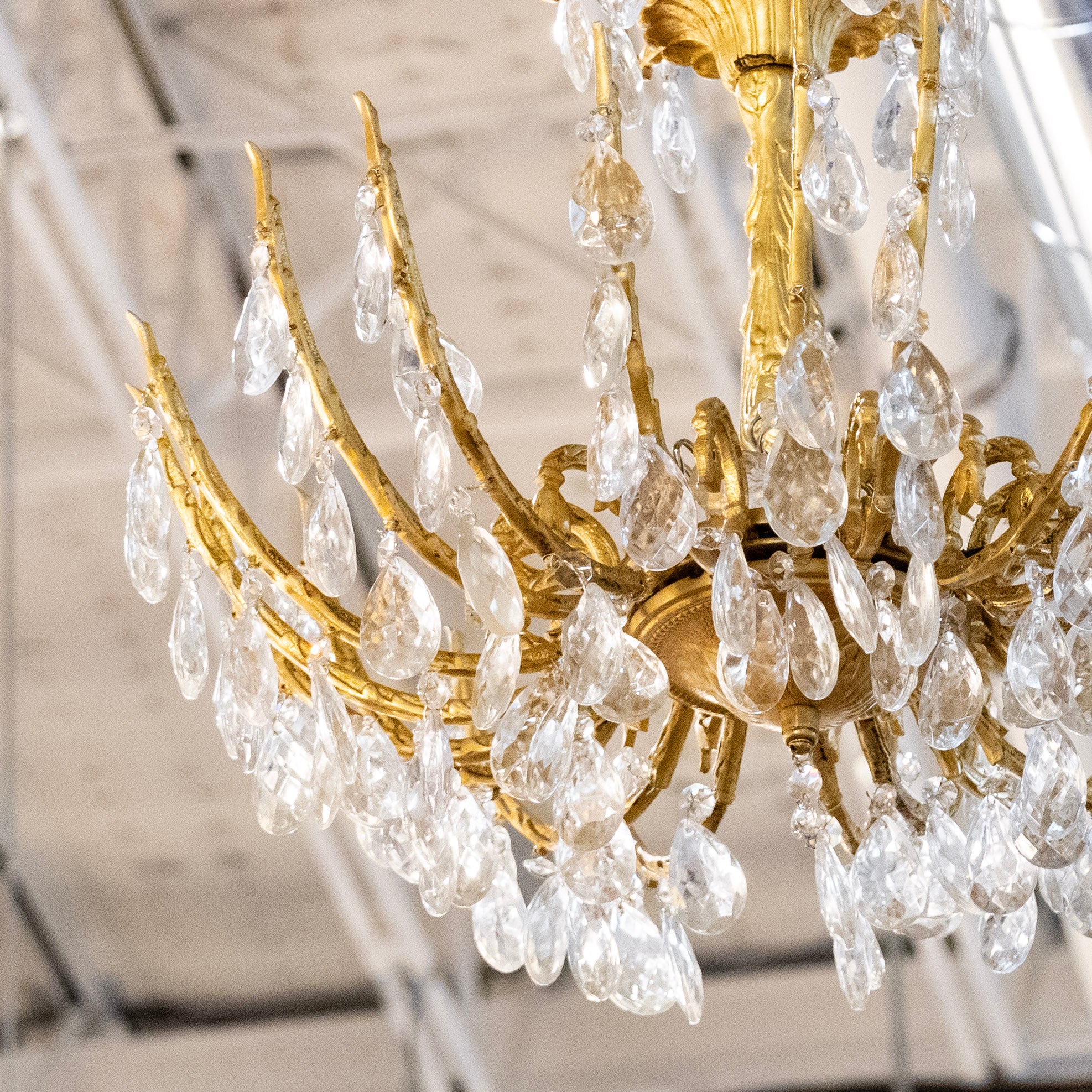 Petite French Brass Chandelier – Crystal Drops & Scroll Leaf Frame - Image 2