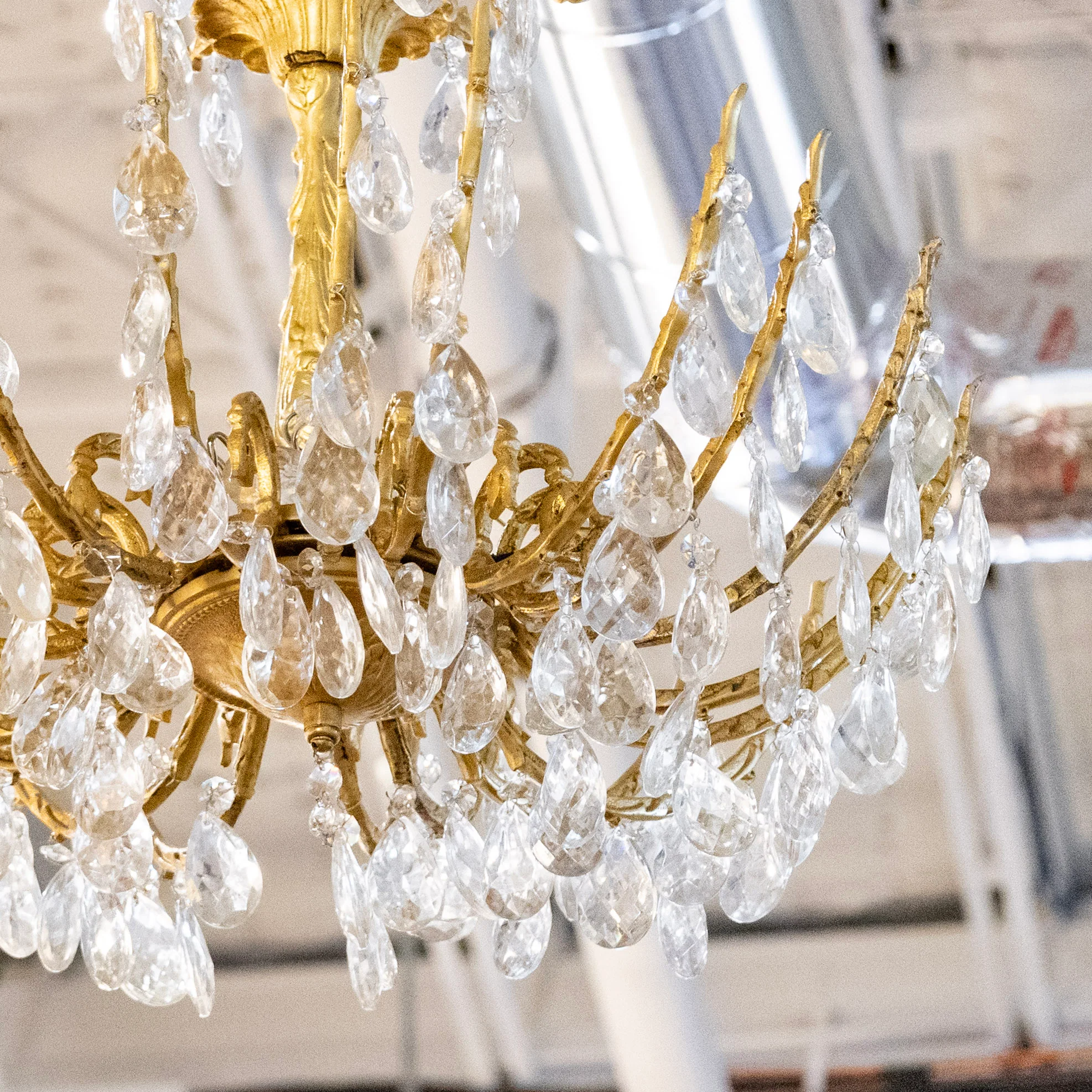 Petite French Brass Chandelier – Crystal Drops & Scroll Leaf Frame - Image 3