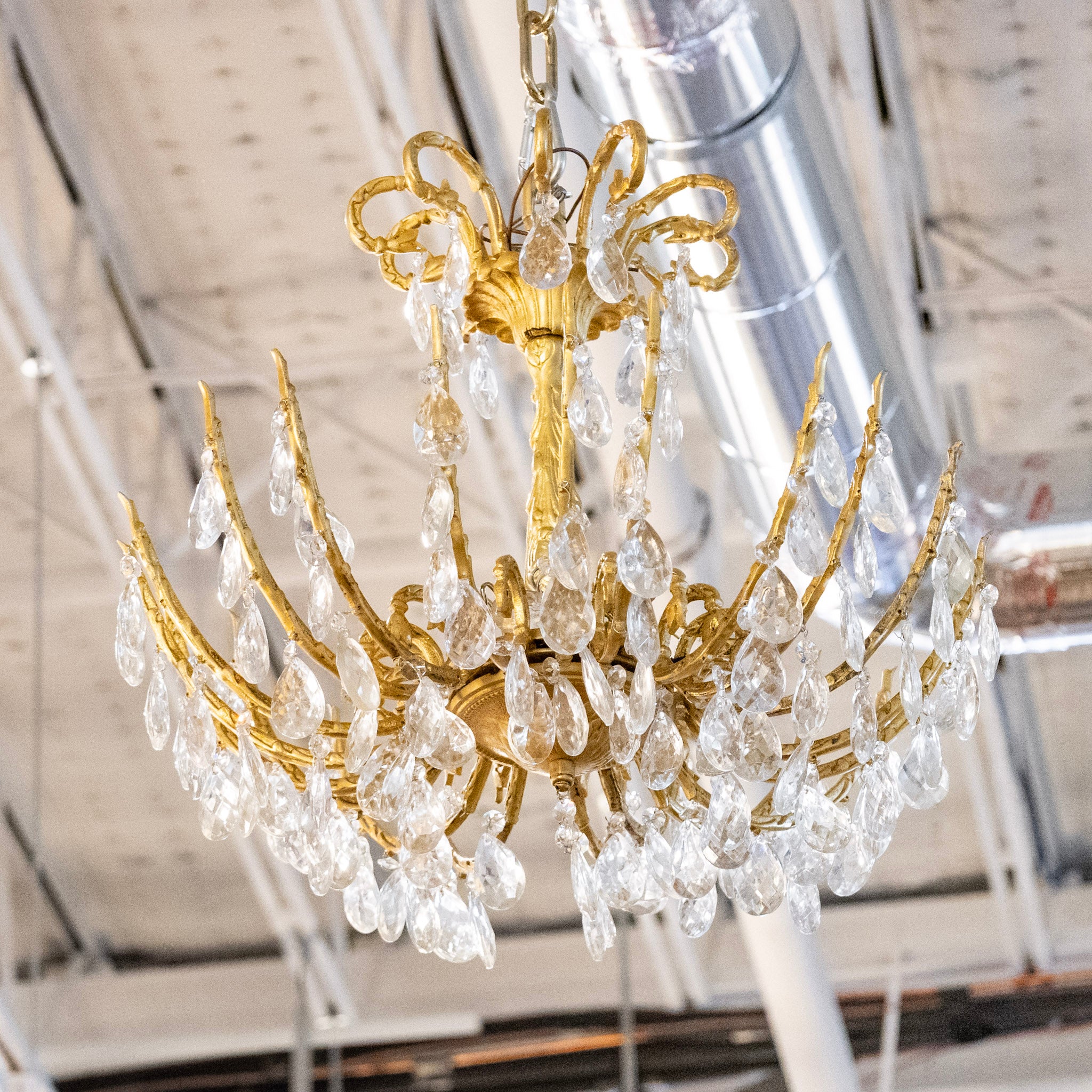 Petite French Brass Chandelier – Crystal Drops & Scroll Leaf Frame - Image 4