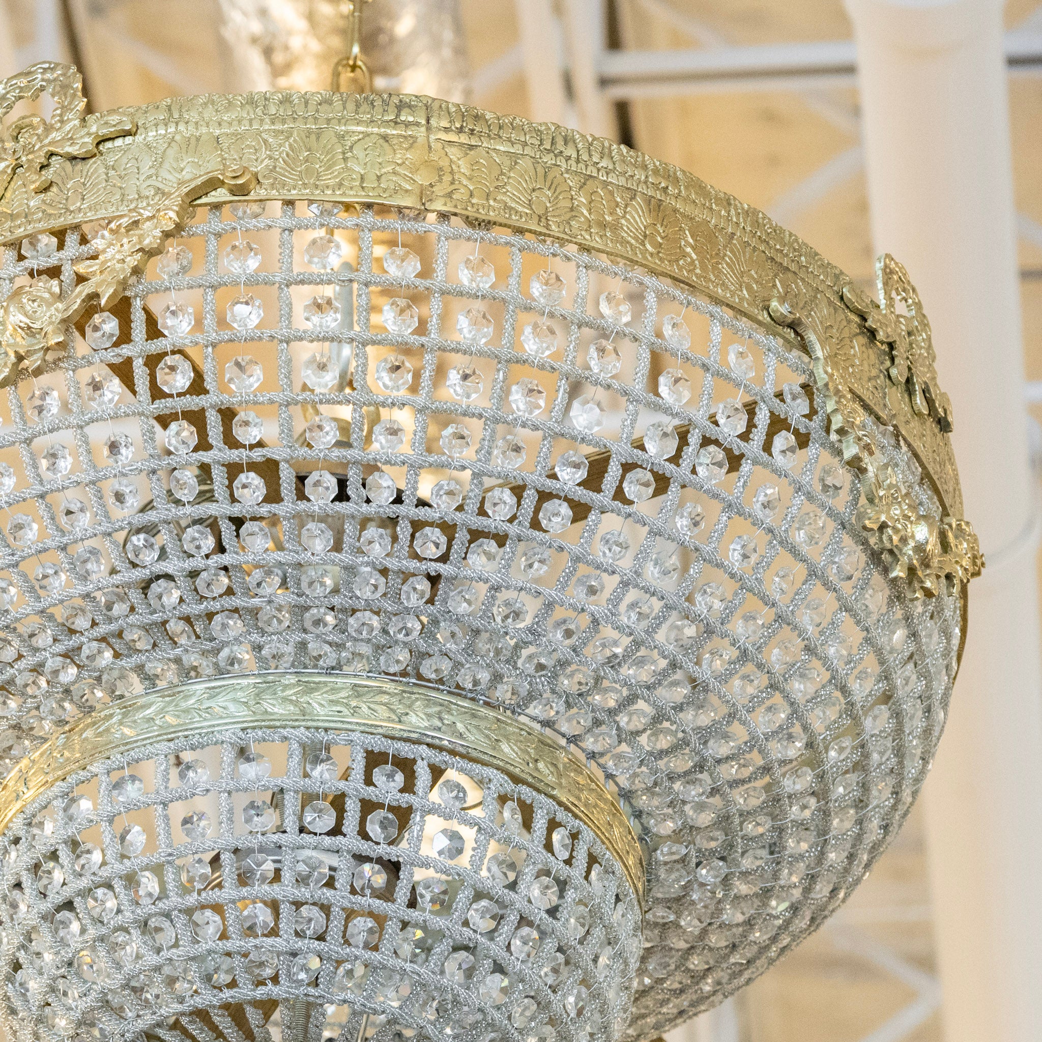 Petite French Brass Basket Flush Mount Chandelier – Beaded Crystal - Image 3