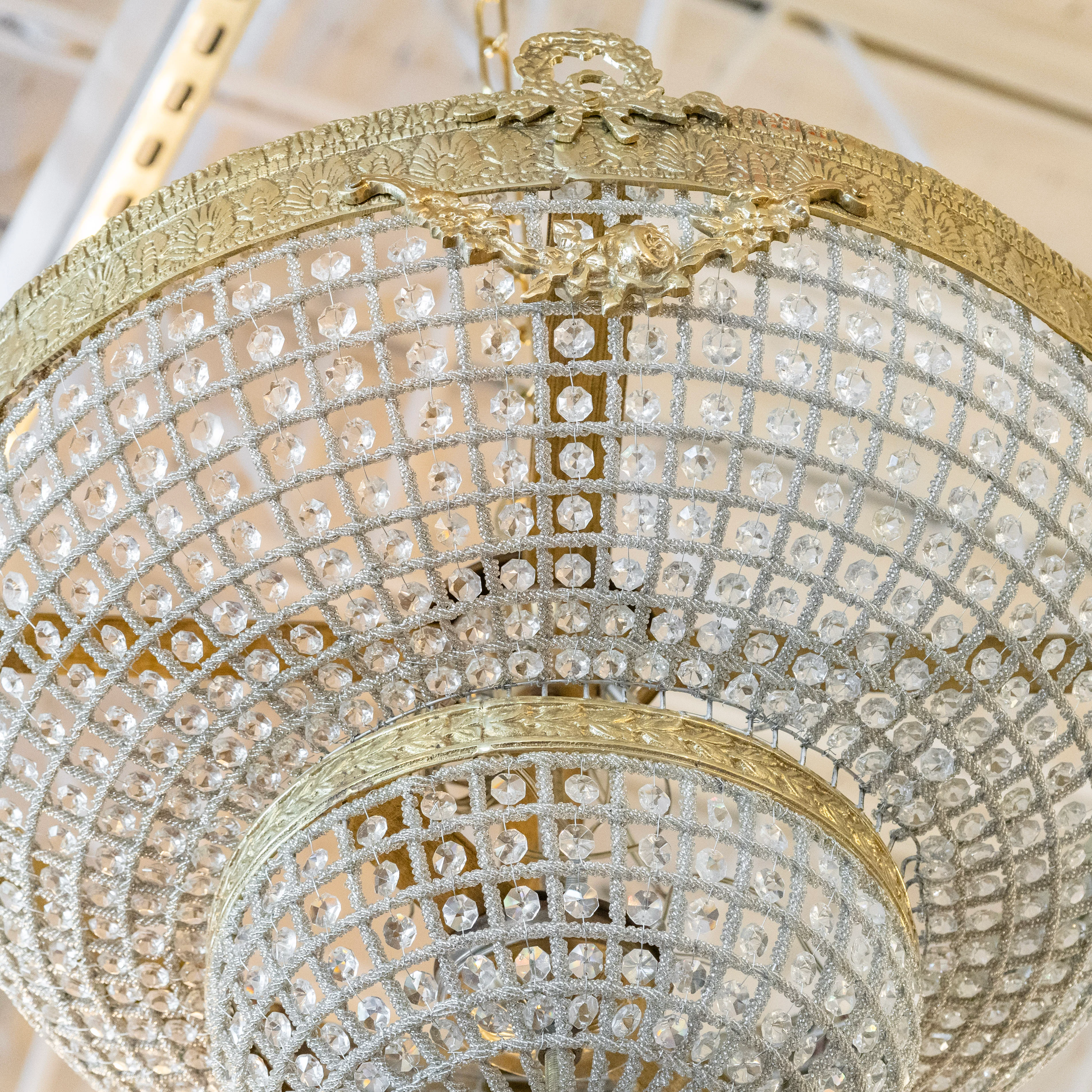 Petite French Brass Basket Flush Mount Chandelier – Beaded Crystal - Image 5