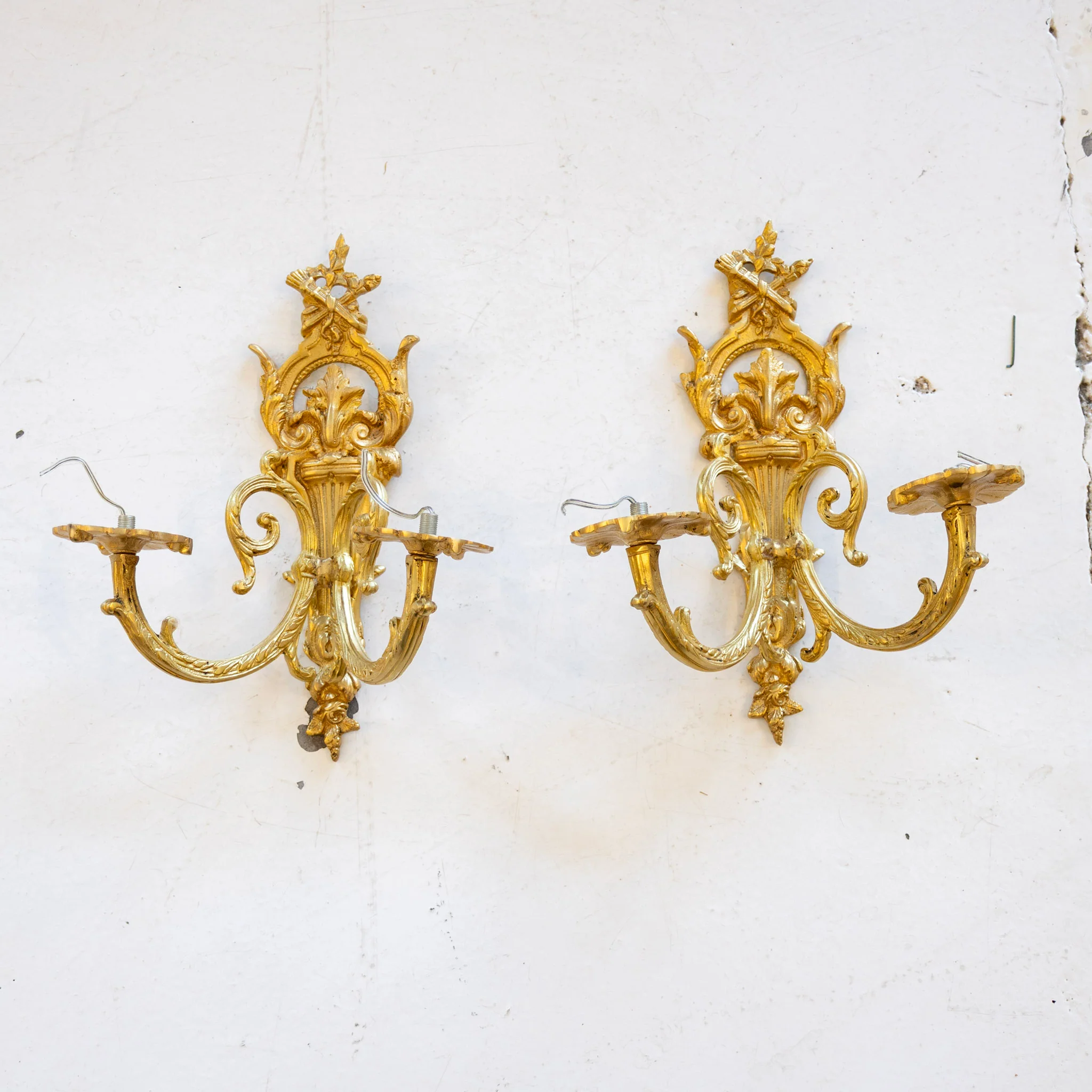 Pair of Petite French Brass Wall Sconces – Leaf Carvings & Scroll Arms