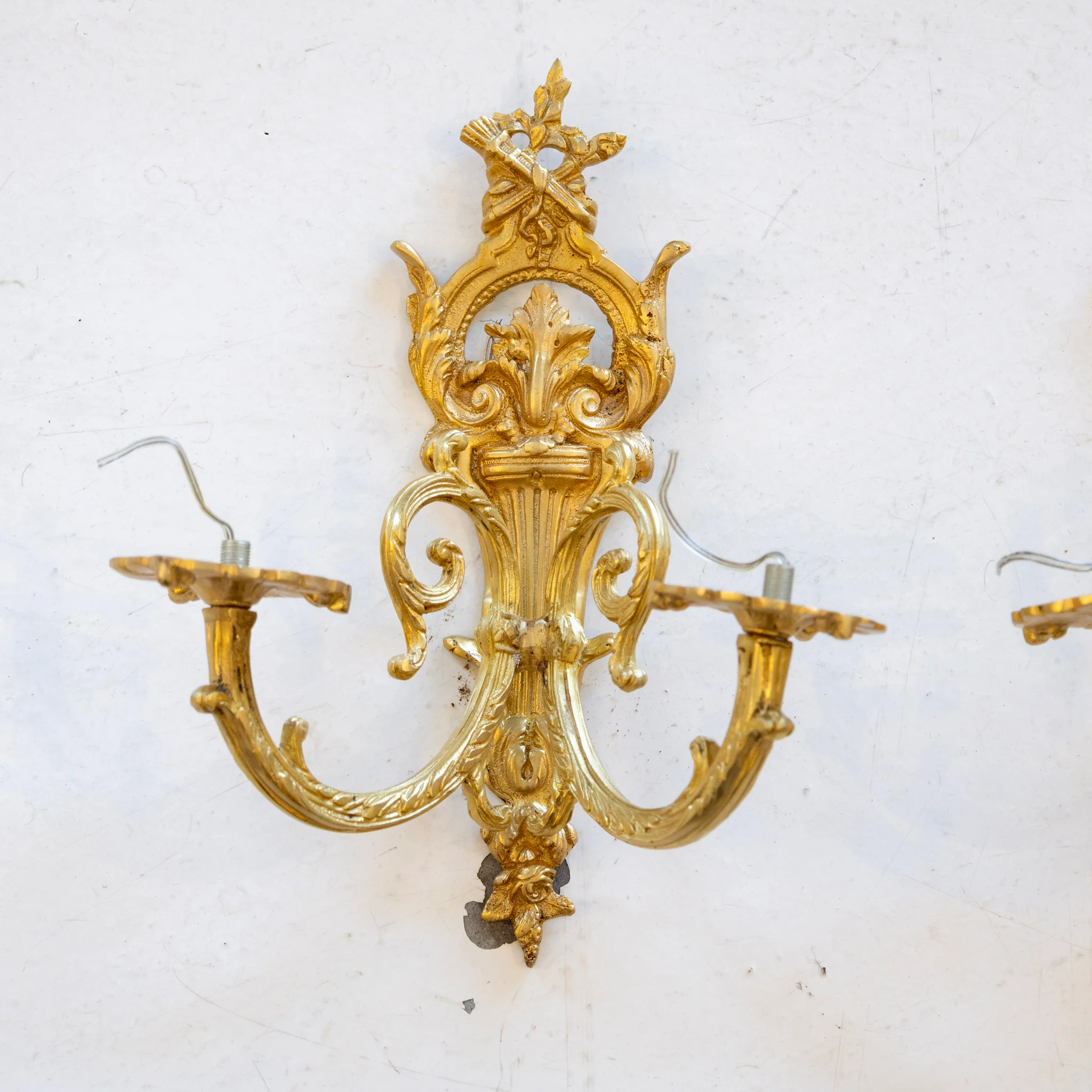 Pair of Petite French Brass Wall Sconces – Leaf Carvings & Scroll Arms - Image 2