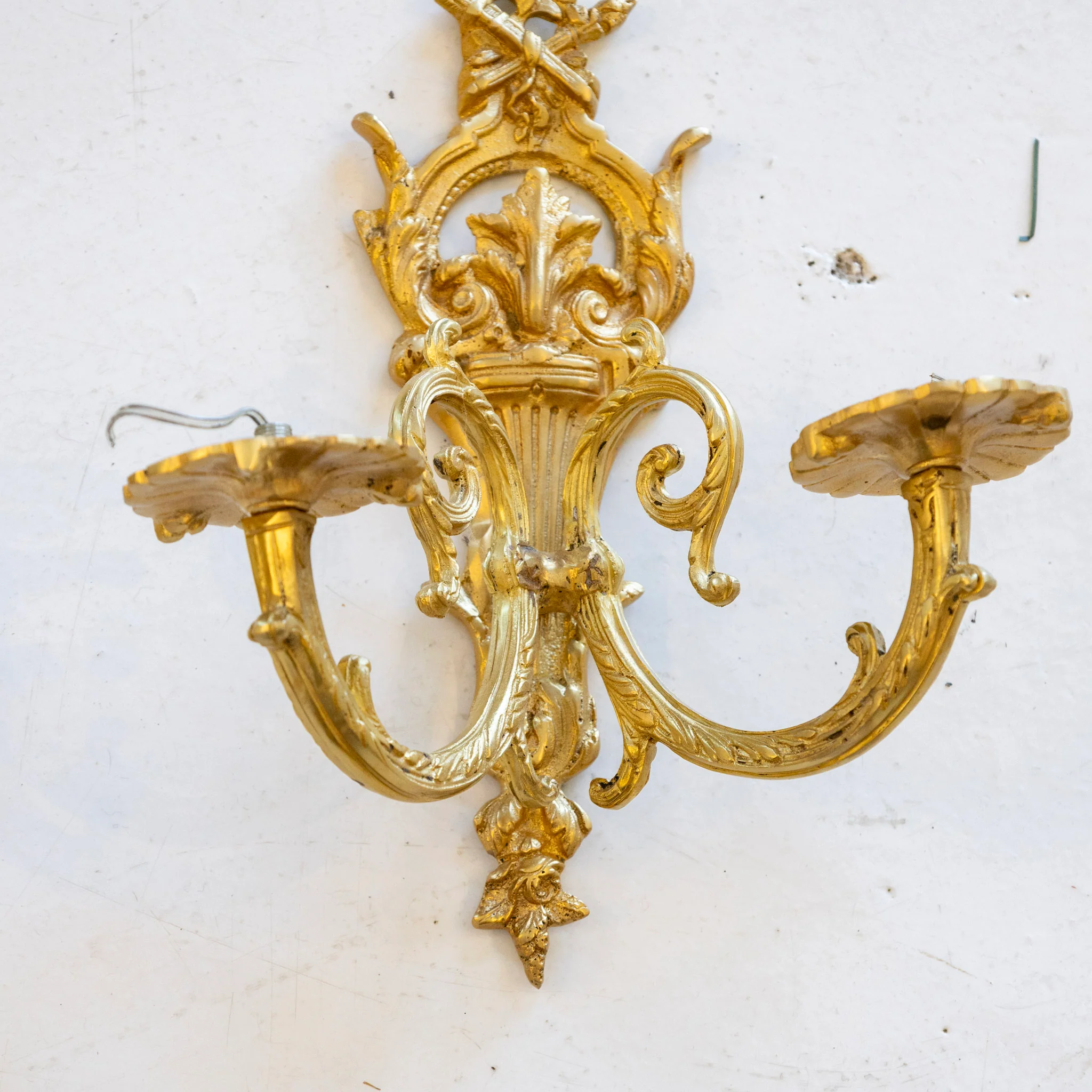Pair of Petite French Brass Wall Sconces – Leaf Carvings & Scroll Arms - Image 5