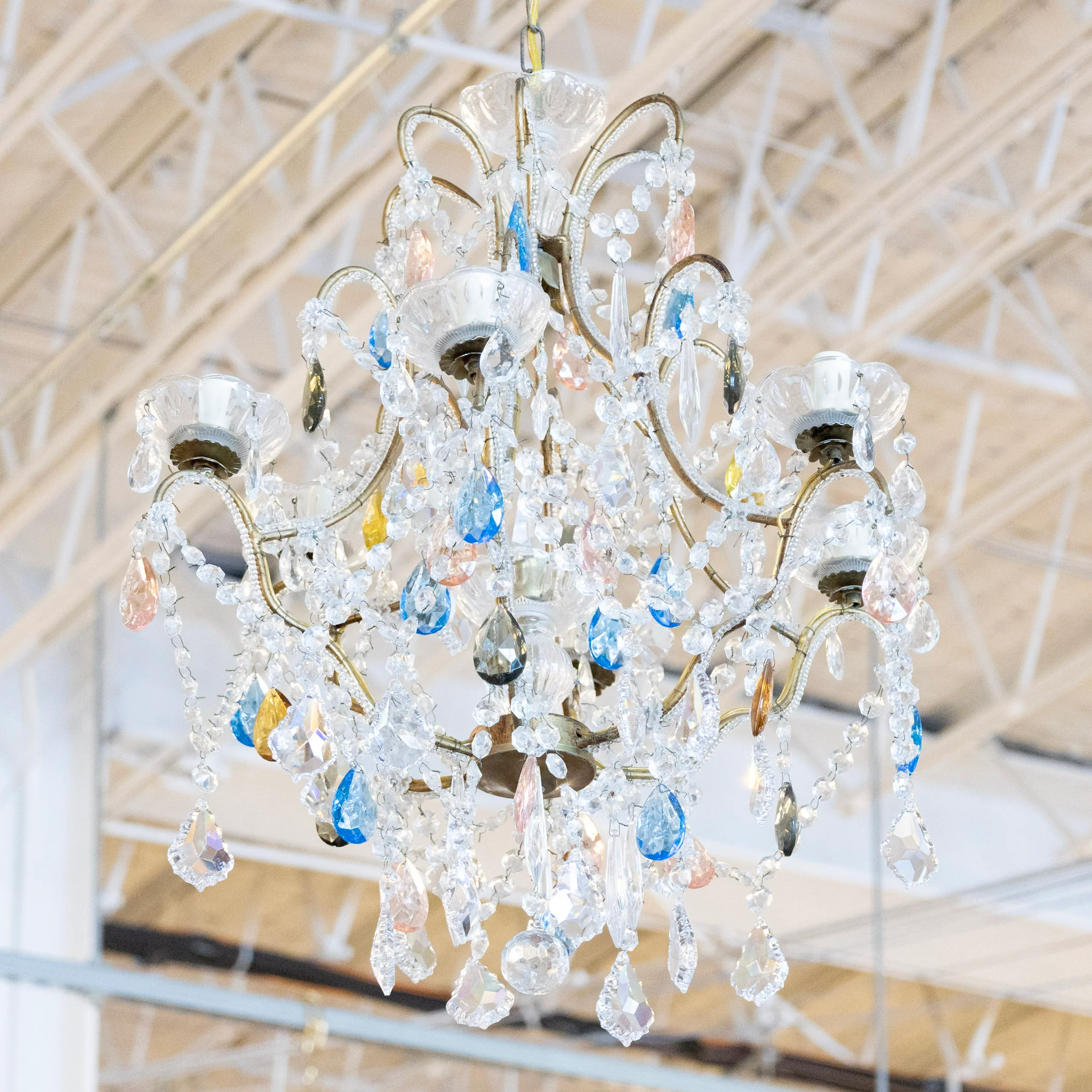 Petite French Cage Brass Chandelier – Colored Crystal