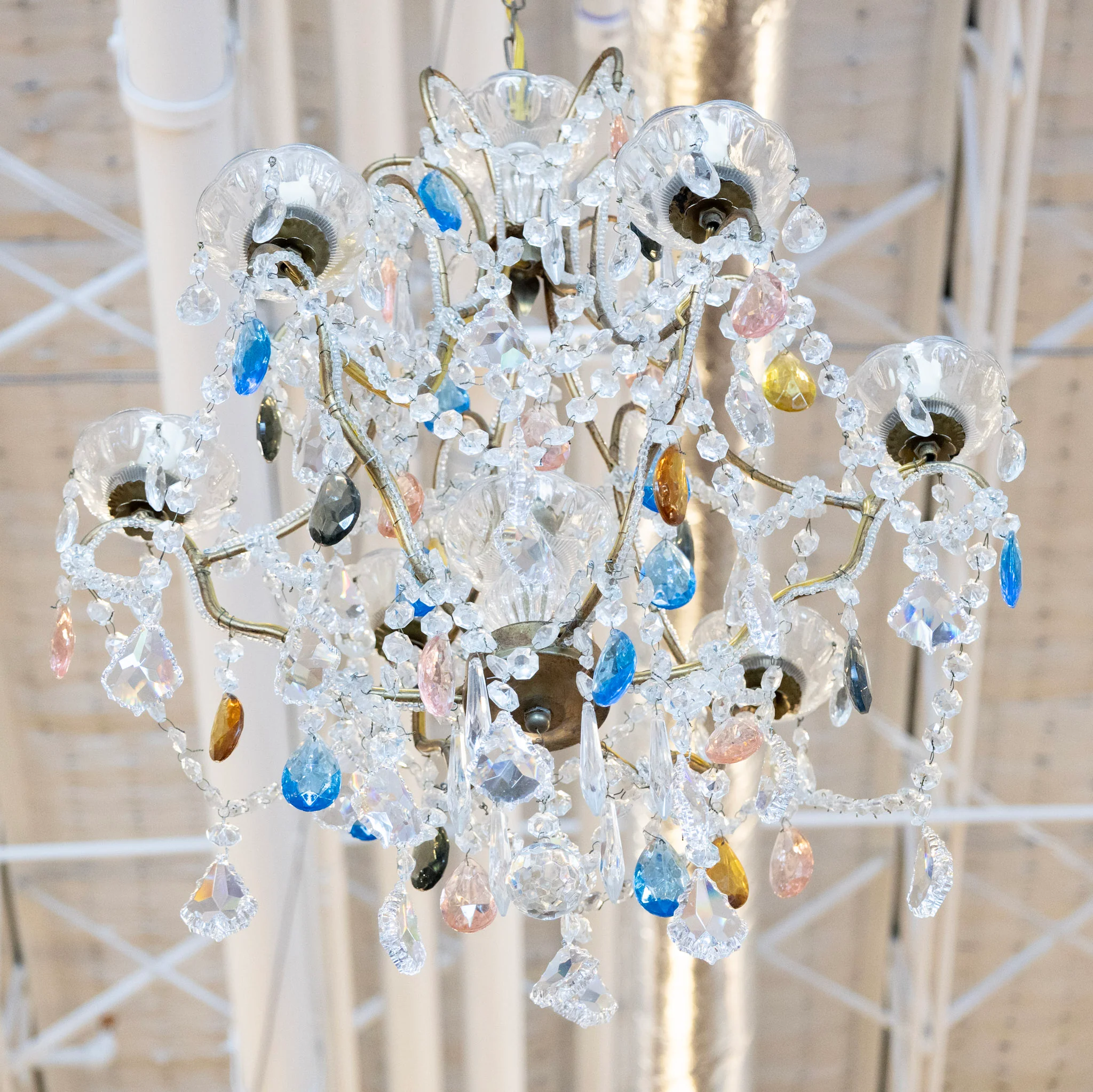 Petite French Cage Brass Chandelier – Colored Crystal - Image 4