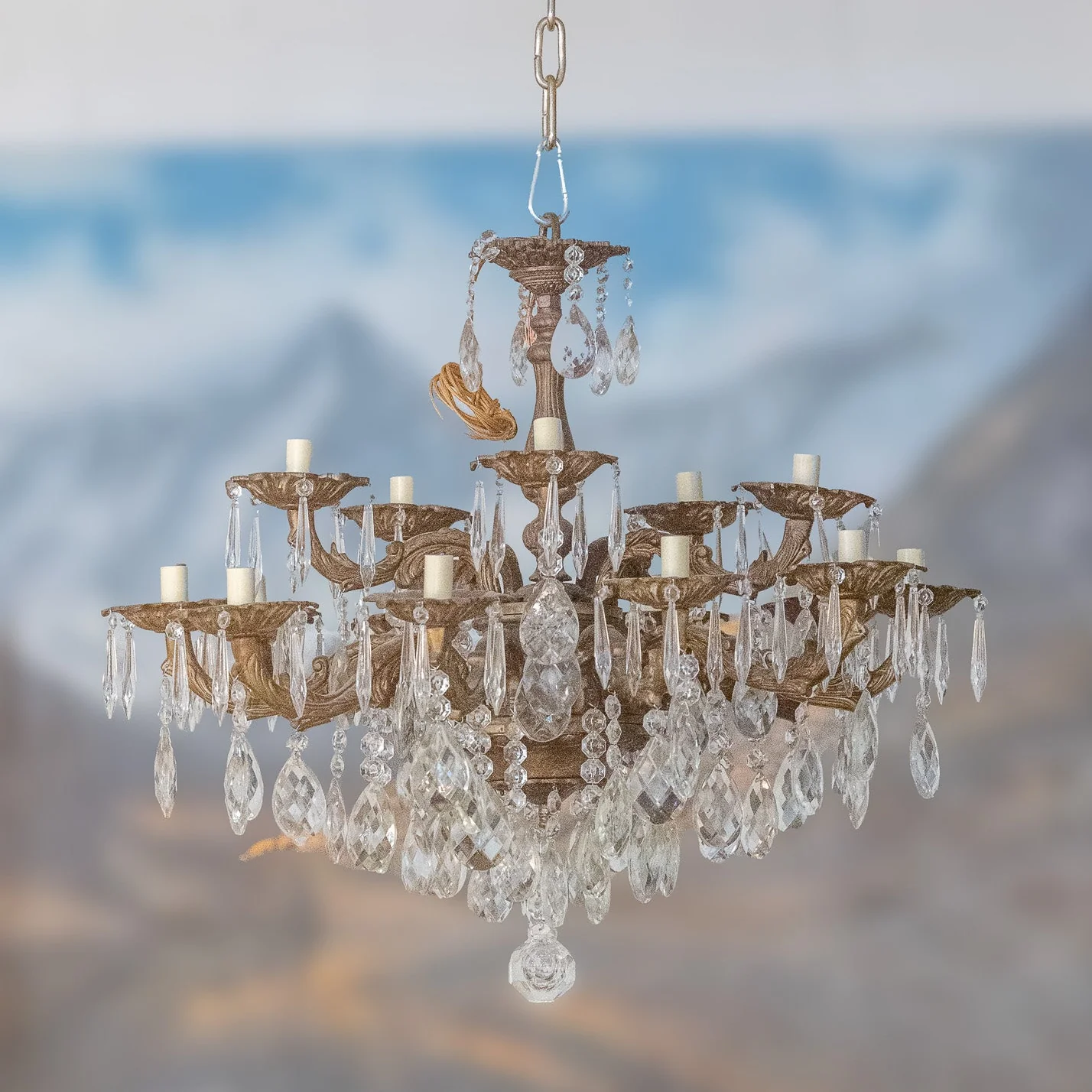 Petite French Candelabra Dark Brass Chandelier – Crystal Drops & Ornate Arms