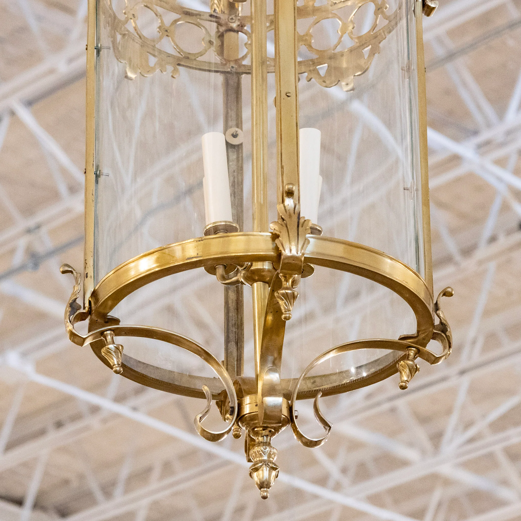 Petite French Lantern Brass Chandelier – Scroll and Leaf Frame - Image 3