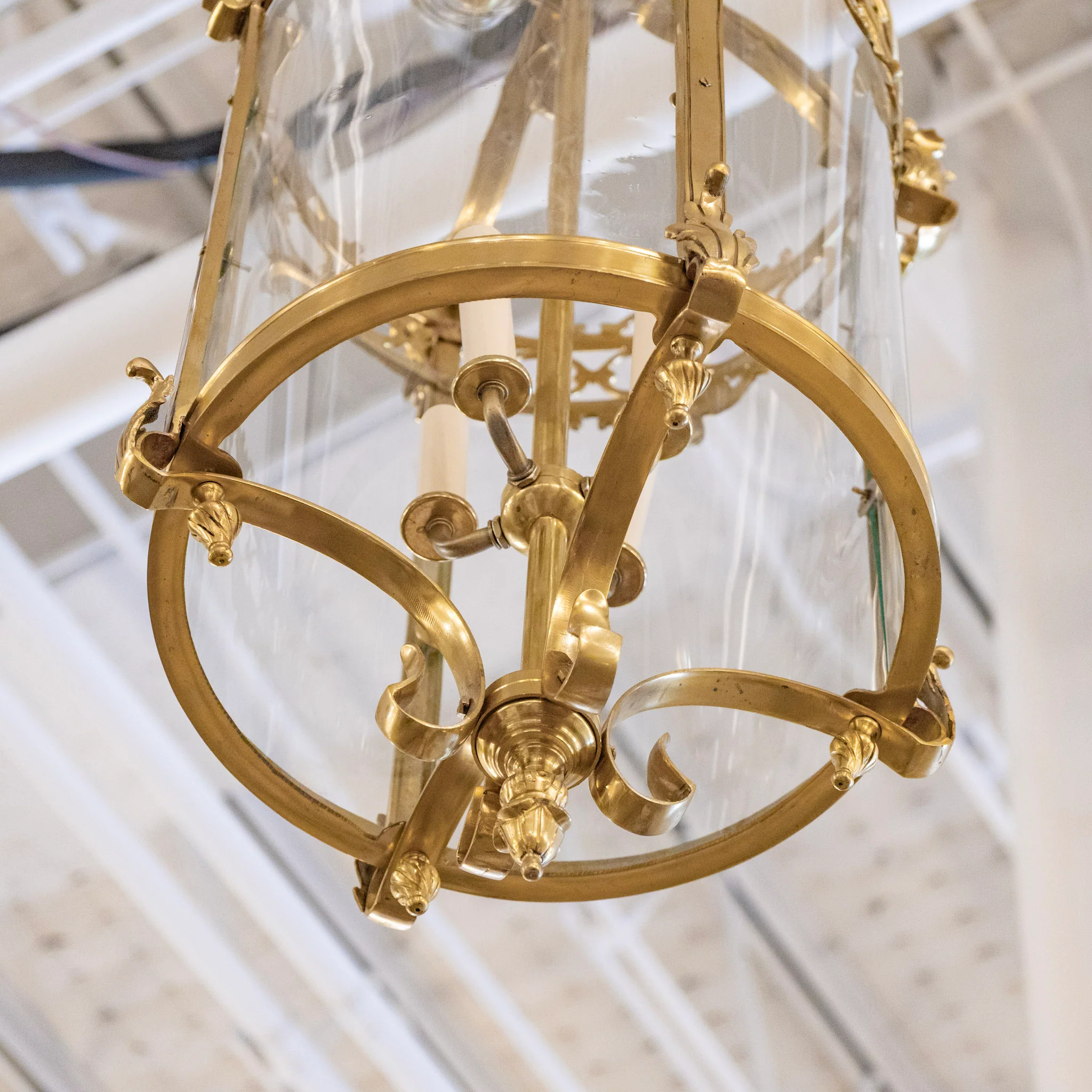 Petite French Lantern Brass Chandelier – Scroll and Leaf Frame - Image 4