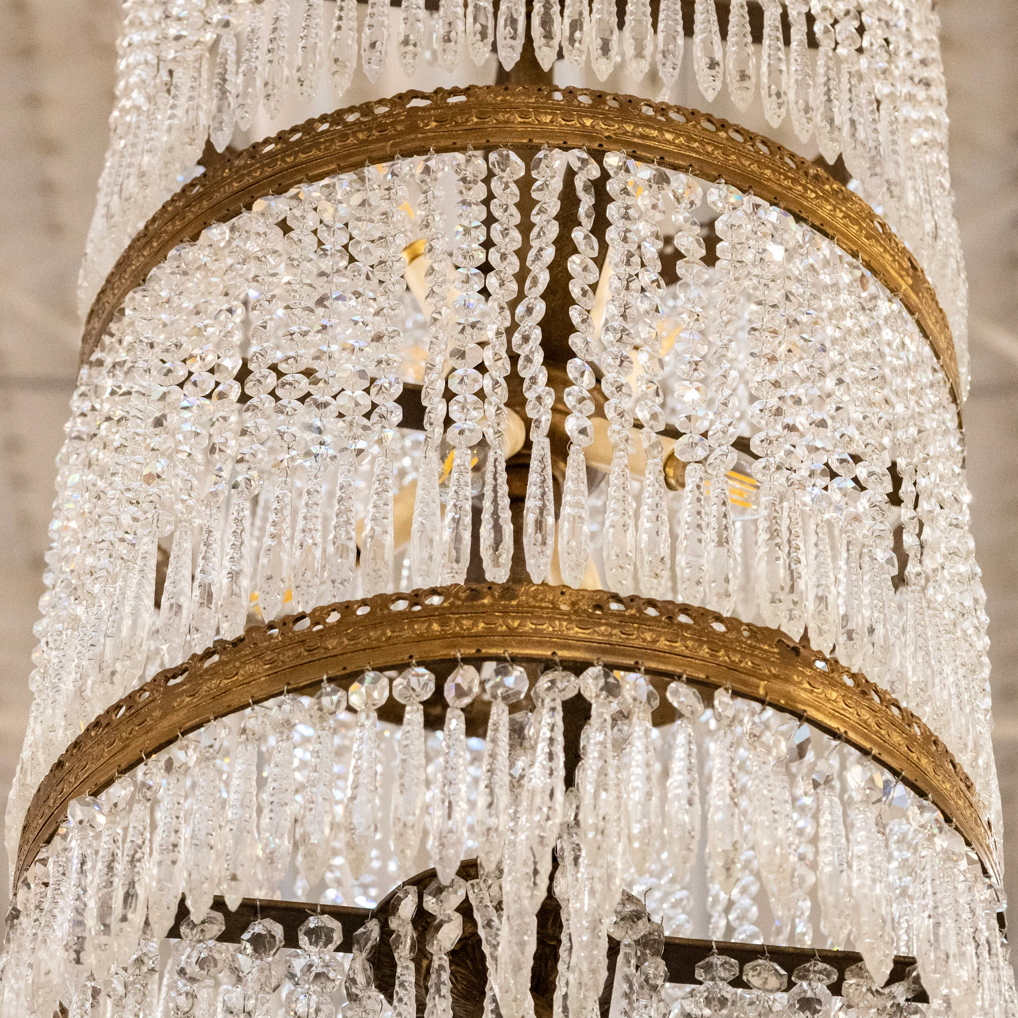 Petite French Tiered Dark Brass Chandelier – Beaded Crystal & Icicle Drops - Image 3