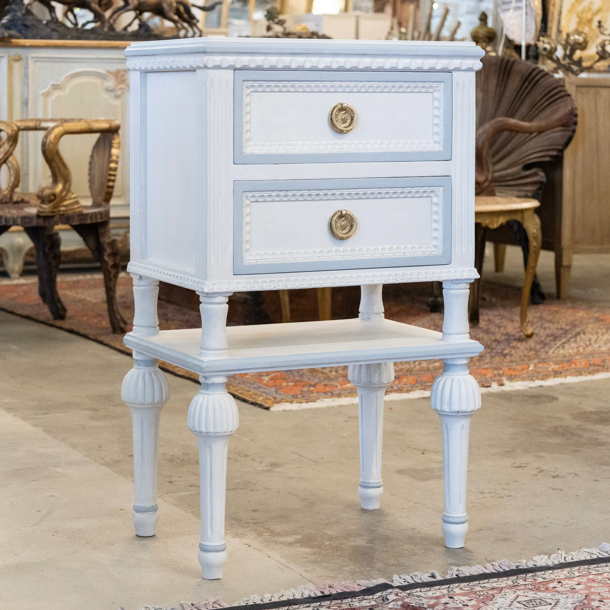 Petite Swedish Nightstand with Shelf – White with Blue Beaded Trim - Image 2
