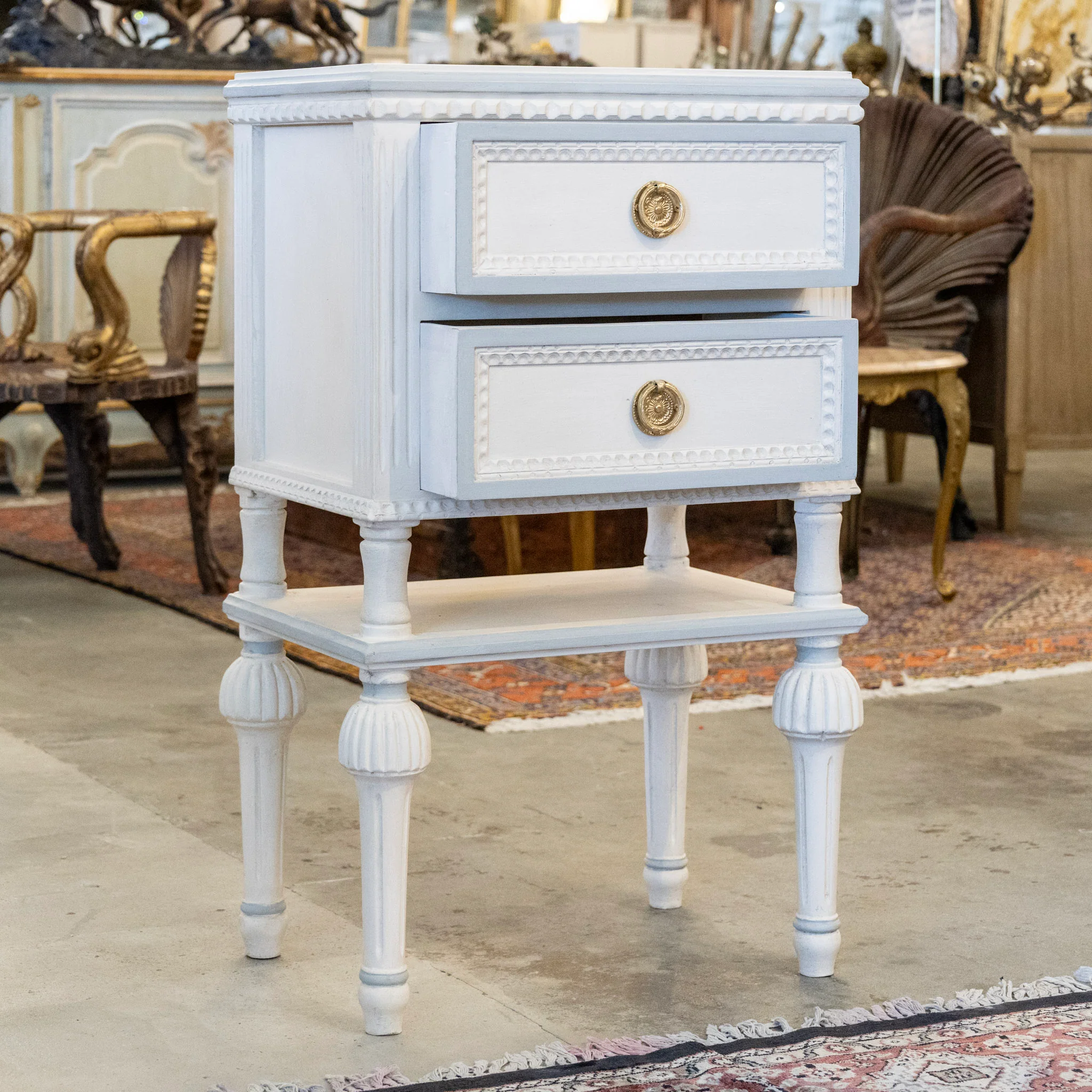 Petite Swedish Nightstand with Shelf – White with Blue Beaded Trim - Image 3